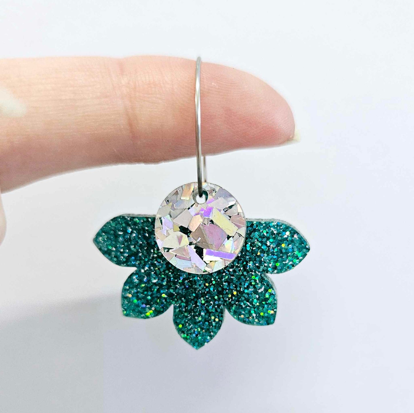 35mm TEAL GLITTER Acrylic Half FLOWERS