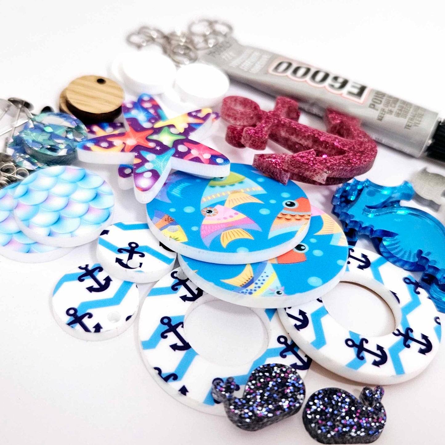 Under the sea seahorse anchor starfish mermaid dolphin whale fish DIY earring kit laser cut acrylic dangles studs blanks glue findings craft
