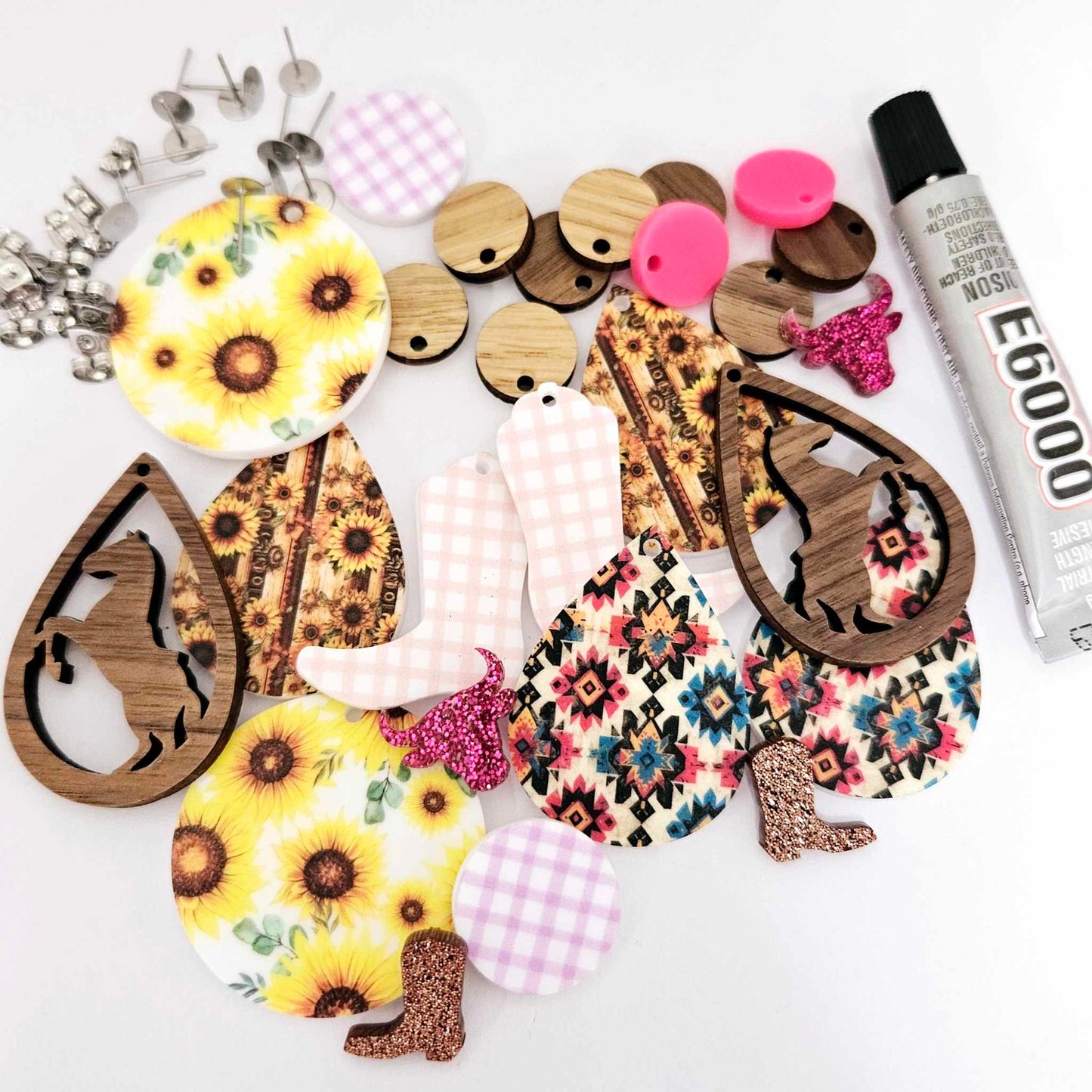 DIY earring kit country gal CMC boots western horse sunflower supplies laser cut acrylic wood dangles studs craft make your own findings glue