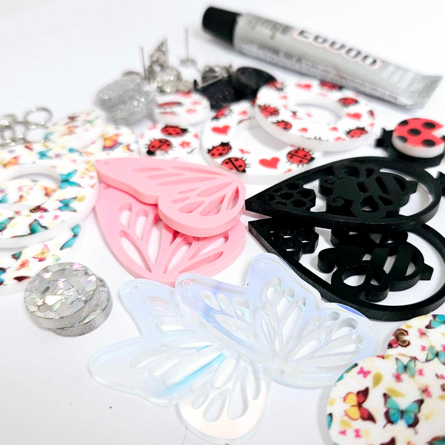 Bugs life butterfly bee ladybug DIY earring kit laser cut acrylic dangles blanks craft glue findings