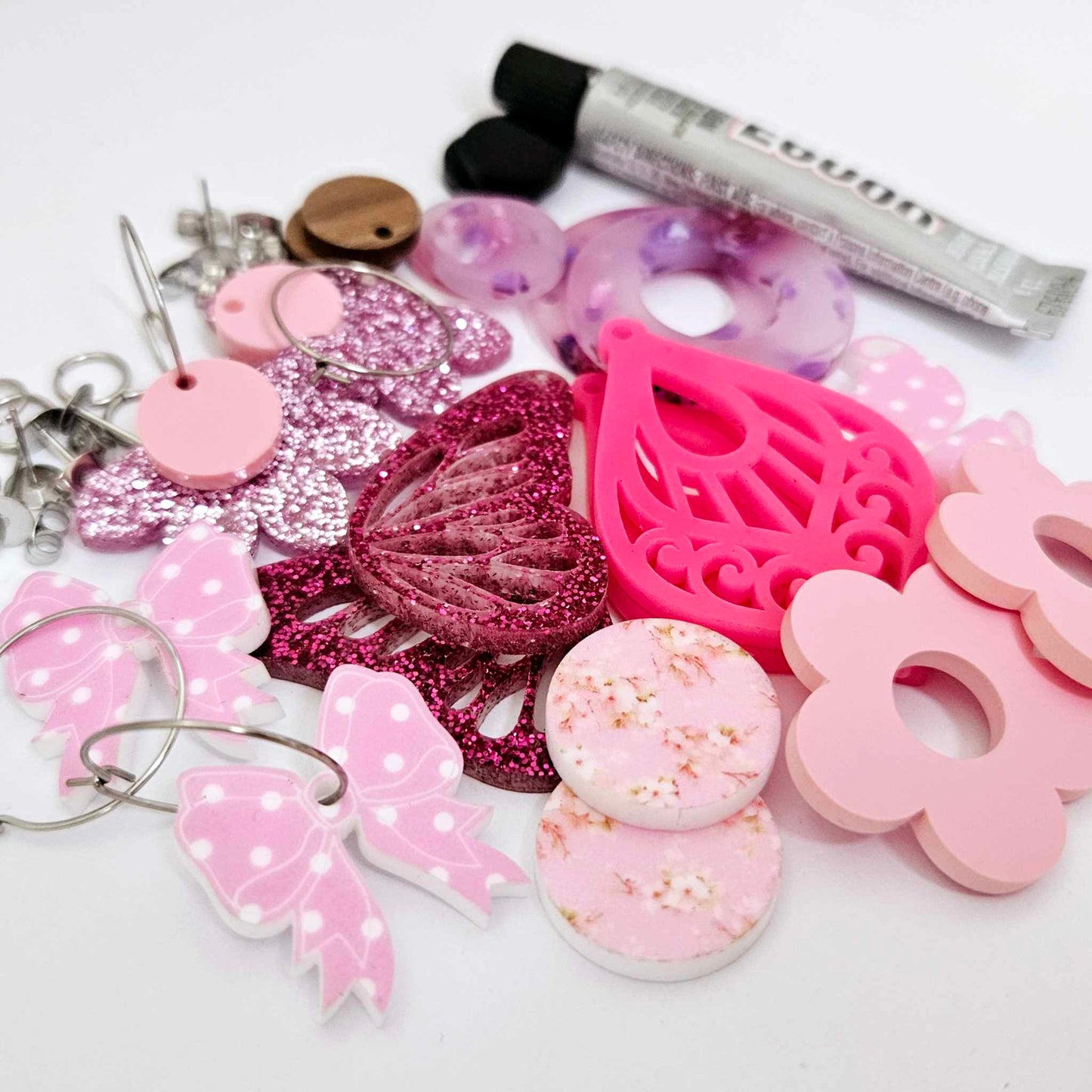 pretty in pink DIY earring kit pastel glitter UV print flowers butterfly bows supplies laser cut acrylic dangles studs blanks mixed pack craft findings glue