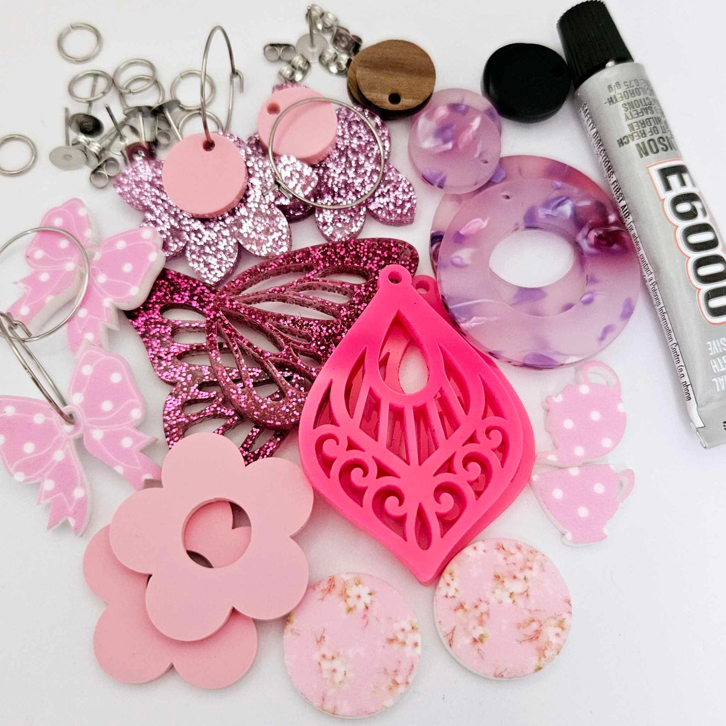 pretty in pink DIY earring kit pastel glitter UV print flowers butterfly bows supplies laser cut acrylic dangles studs blanks mixed pack craft findings glue