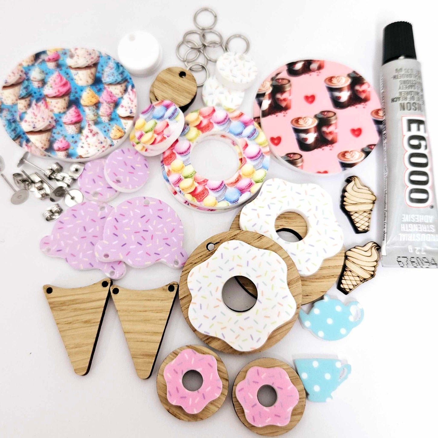 sweet treats DIY earring kit donuts ice-creams coffee tea macarons cupcakes supplies laser cut acrylic dangles studs blanks findings glue craft UV print wood
