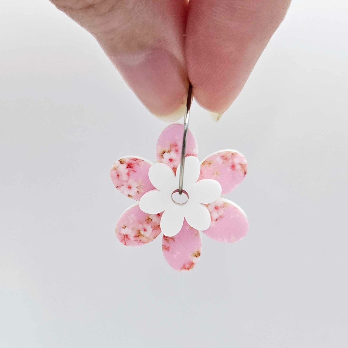 cherry blossom UV print white pink floral flowers DIY earring supplies laser cut acrylic dangles blanks layered hoops