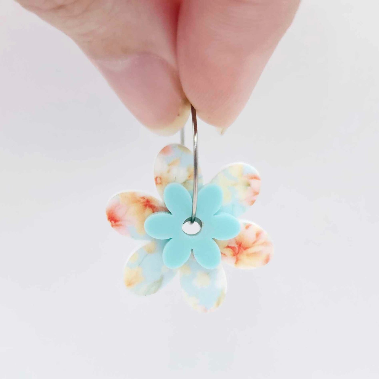 floral bloom UV print aqua turquoise pastel flowers DIY earring supplies laser cut acrylic dangles blanks layered hoops