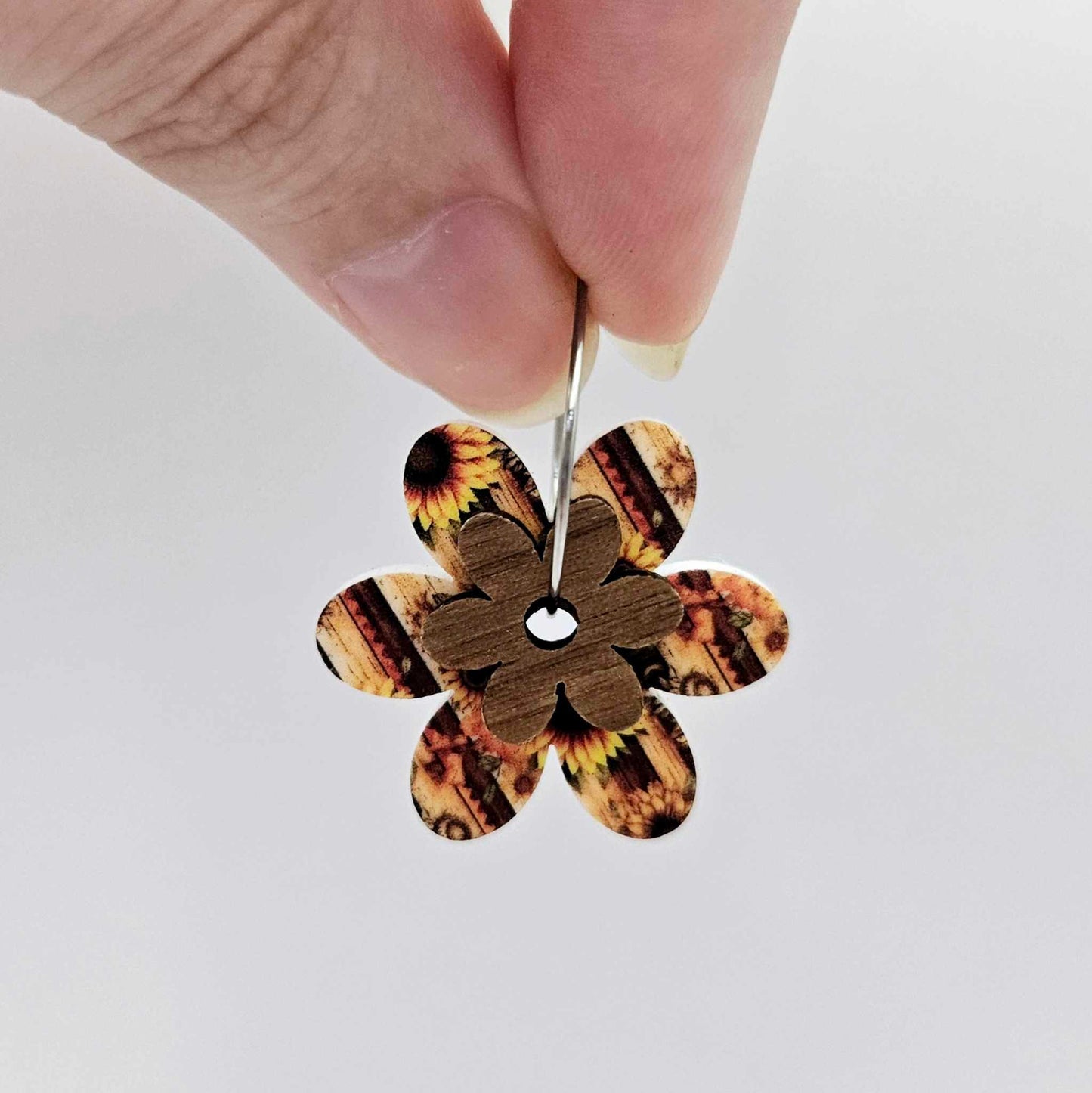 country sunflower rustic wood walnut uv print floral flowers DIY earring supplies laser cut acrylic dangles blanks layered hoops