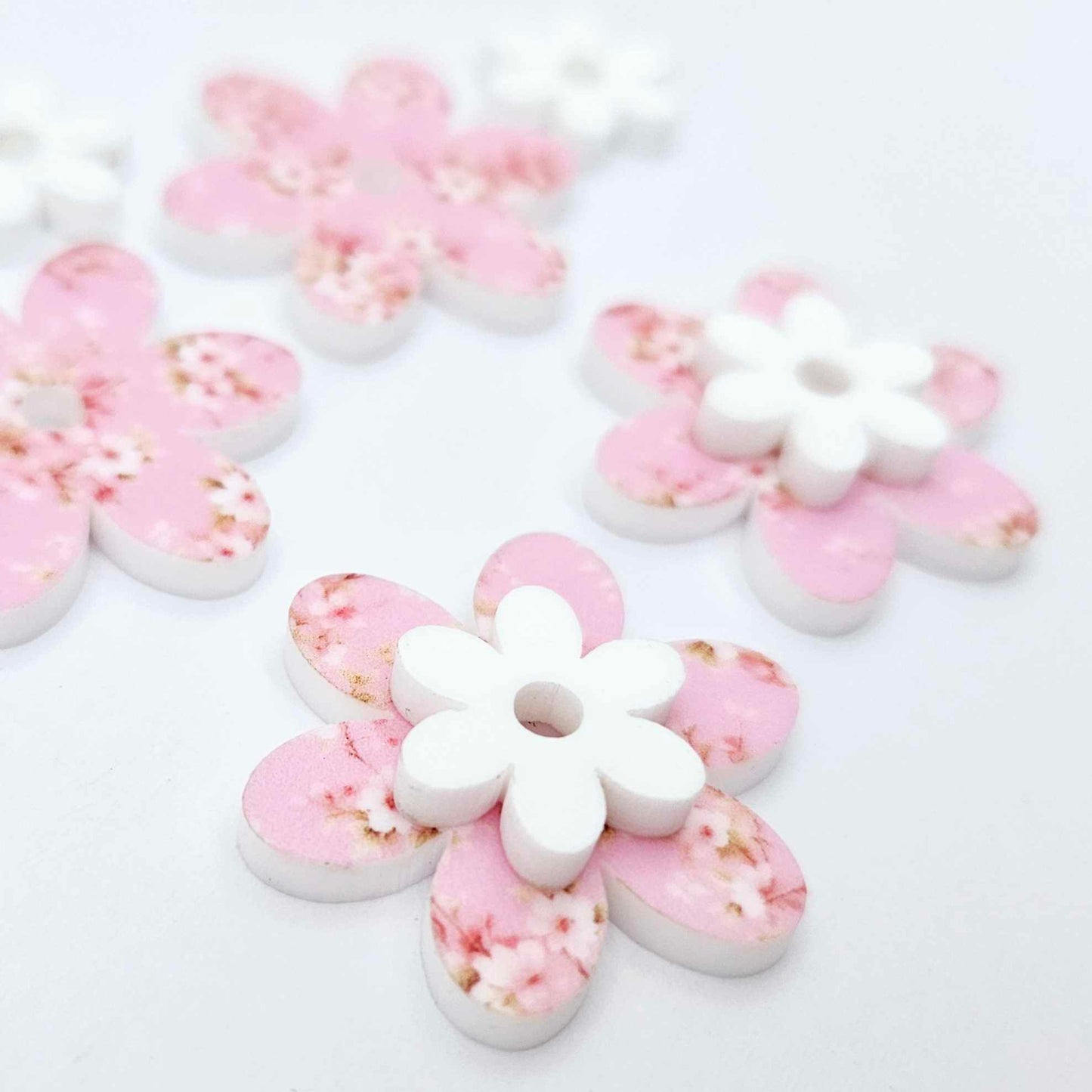 cherry blossom UV print white pink floral flowers DIY earring supplies laser cut acrylic dangles blanks layered hoops