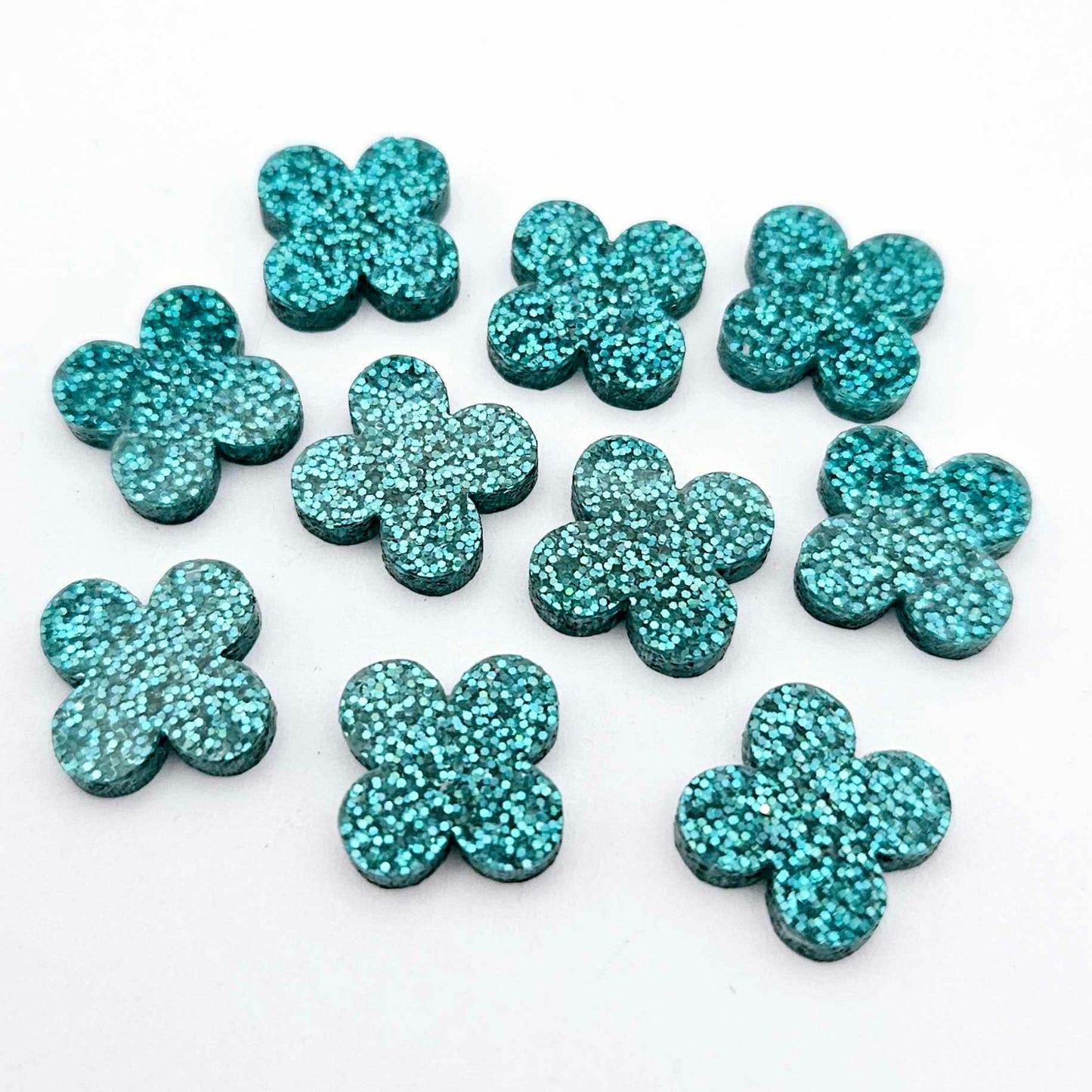 teal turquoise glitter quatrefoil earring blanks, clover acrylic studs, glitter acrylic earring toppers, acrylic earring supplies, laser cut earring blanks, 15mm acrylic shapes, modern jewellery supplies, on-trend earring blanks, DIY earring parts, small business jewellery making
