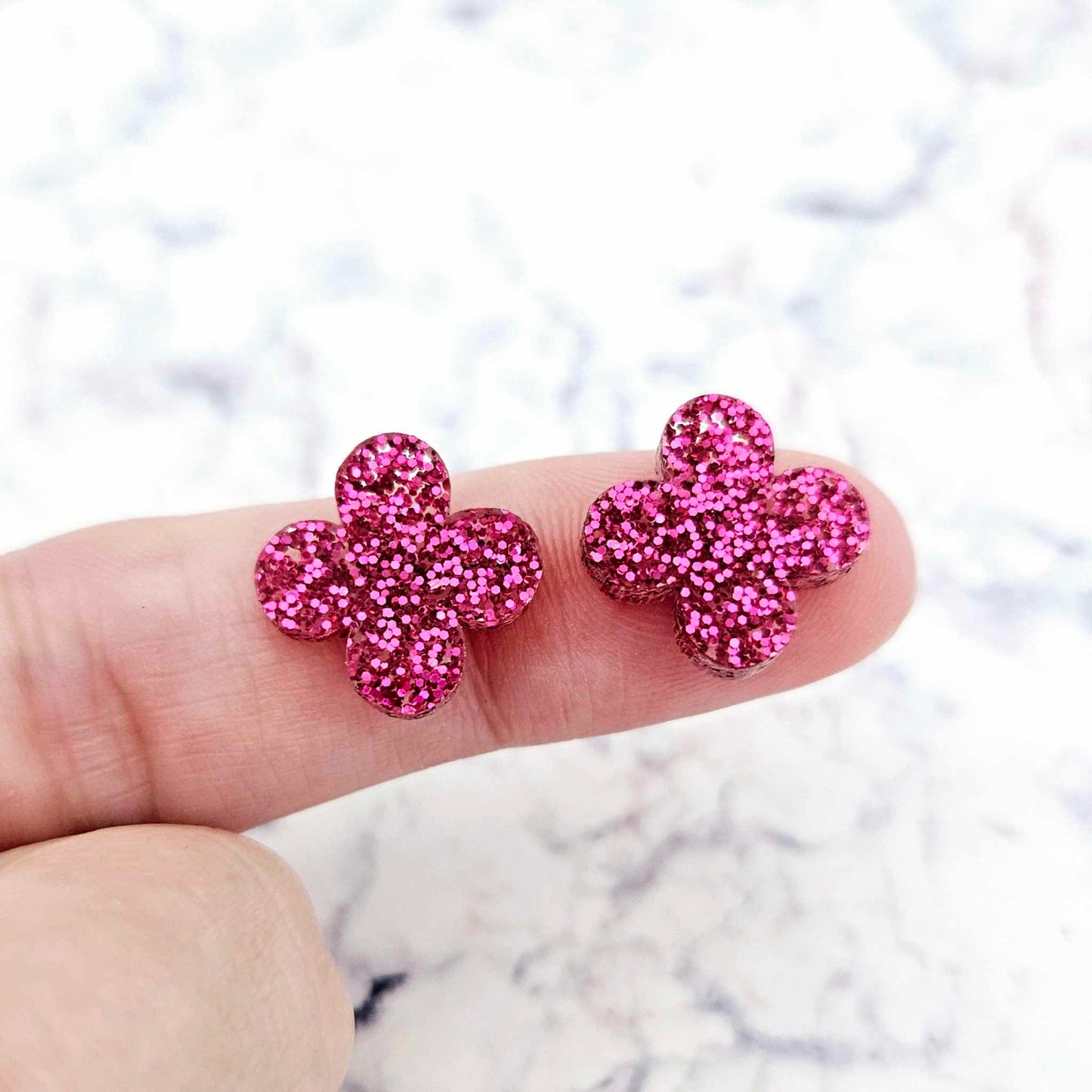 hot pink quatrefoil earring blanks, clover acrylic studs, glitter acrylic earring toppers, acrylic earring supplies, laser cut earring blanks, 15mm acrylic shapes, modern jewellery supplies, on-trend earring blanks, DIY earring parts, small business jewellery making