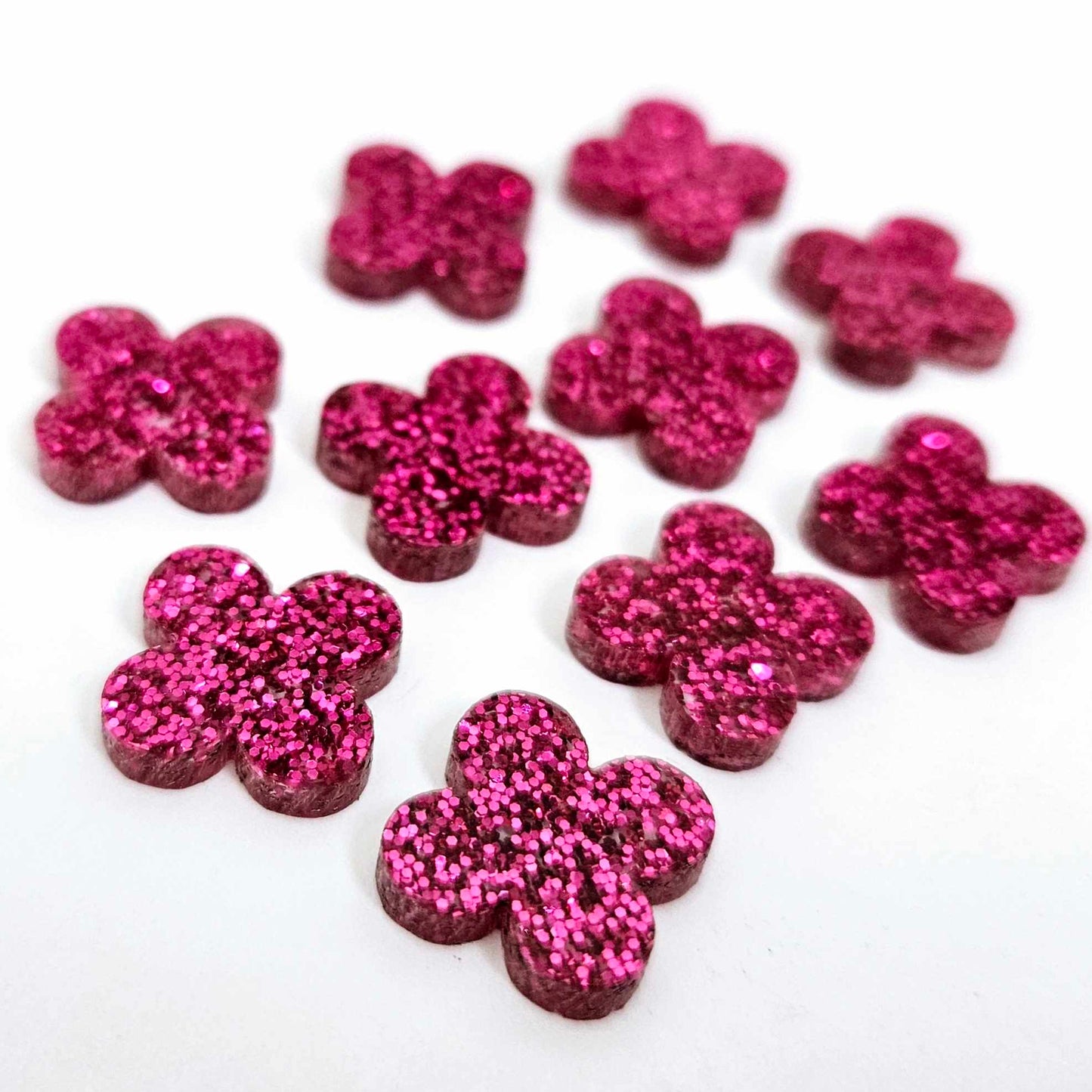 hot pink quatrefoil earring blanks, clover acrylic studs, glitter acrylic earring toppers, acrylic earring supplies, laser cut earring blanks, 15mm acrylic shapes, modern jewellery supplies, on-trend earring blanks, DIY earring parts, small business jewellery making