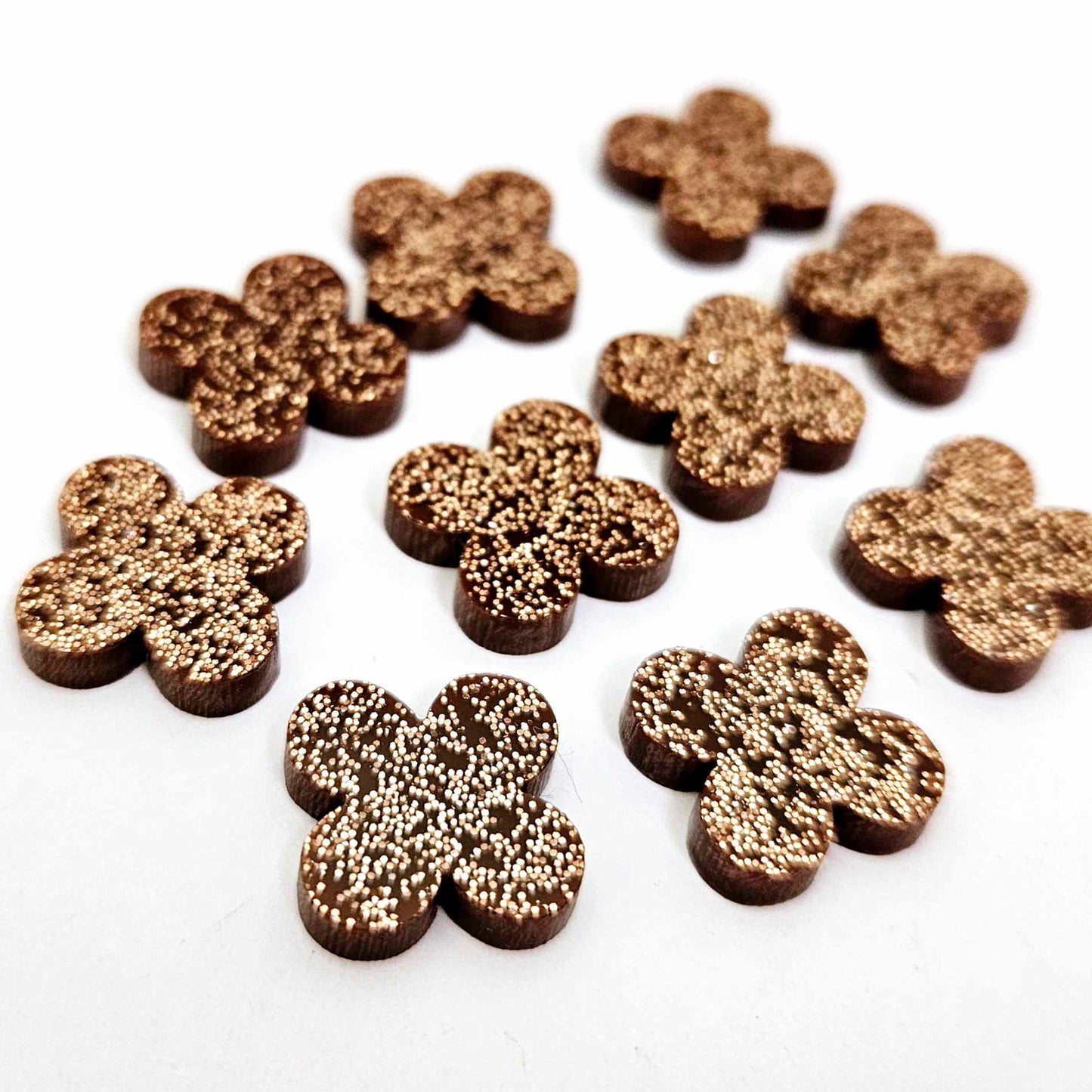 copper rose gold glitter quatrefoil earring blanks, clover acrylic studs, glitter acrylic earring toppers, acrylic earring supplies, laser cut earring blanks, 15mm acrylic shapes, modern jewellery supplies, on-trend earring blanks, DIY earring parts, small business jewellery making
