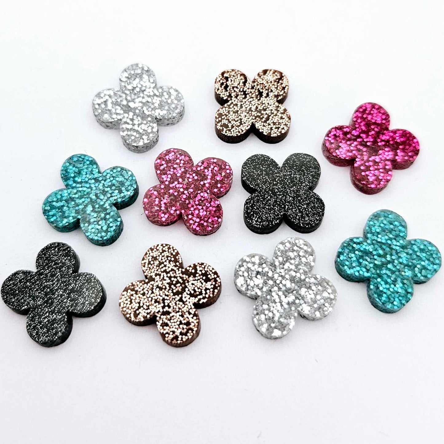 black silver hot pink copper rose gold teal turquoise glitter quatrefoil earring blanks, clover acrylic studs, glitter acrylic earring toppers, acrylic earring supplies, laser cut earring blanks, 15mm acrylic shapes, modern jewellery supplies, on-trend earring blanks, DIY earring parts, small business jewellery making