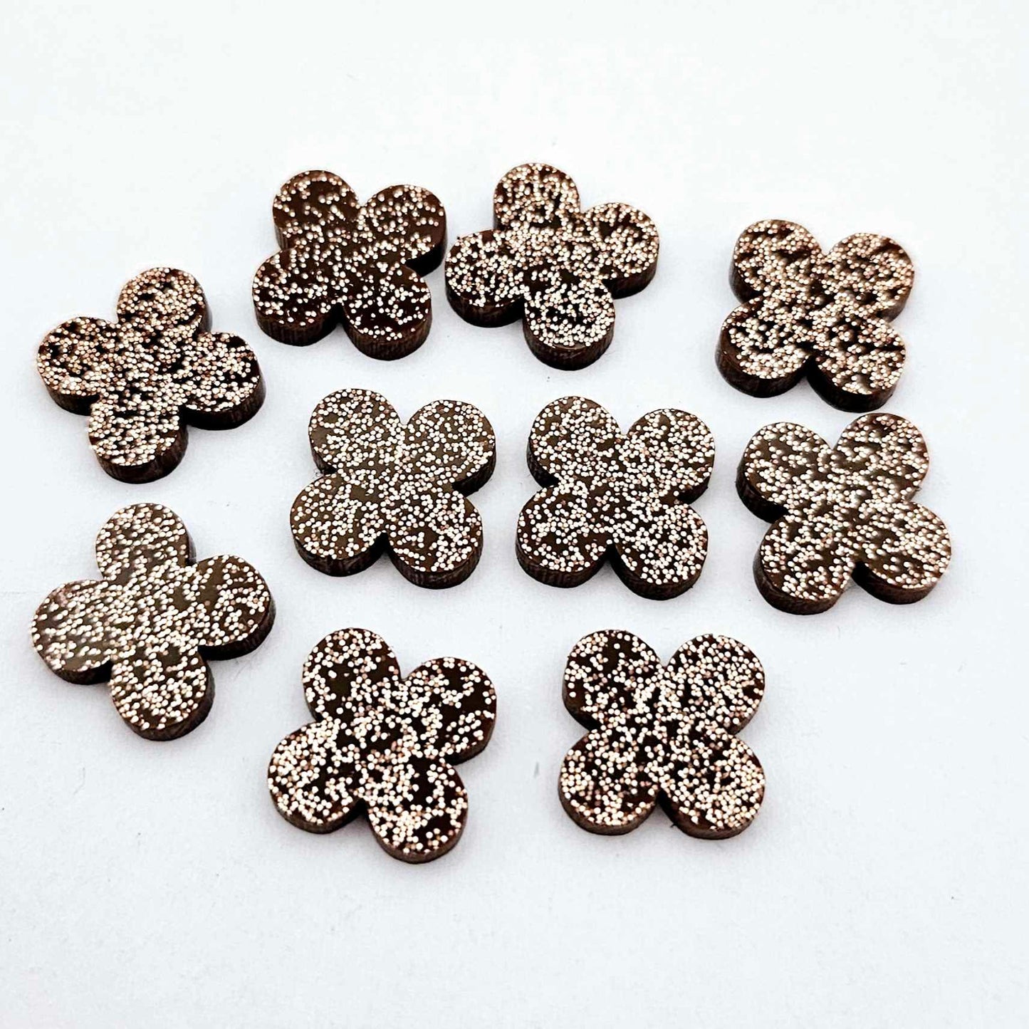copper rose gold glitter quatrefoil earring blanks, clover acrylic studs, glitter acrylic earring toppers, acrylic earring supplies, laser cut earring blanks, 15mm acrylic shapes, modern jewellery supplies, on-trend earring blanks, DIY earring parts, small business jewellery making