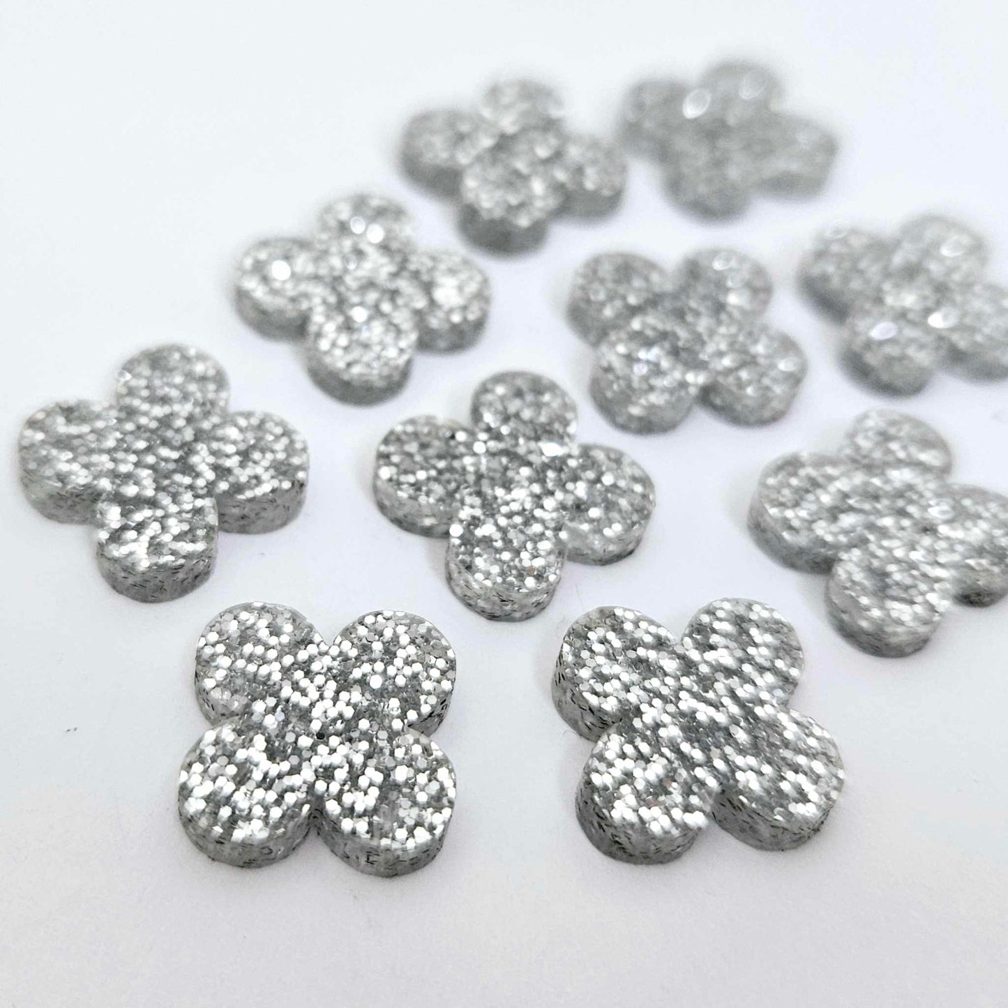 silver glitter quatrefoil earring blanks, clover acrylic studs, glitter acrylic earring toppers, acrylic earring supplies, laser cut earring blanks, 15mm acrylic shapes, modern jewellery supplies, on-trend earring blanks, DIY earring parts, small business jewellery making