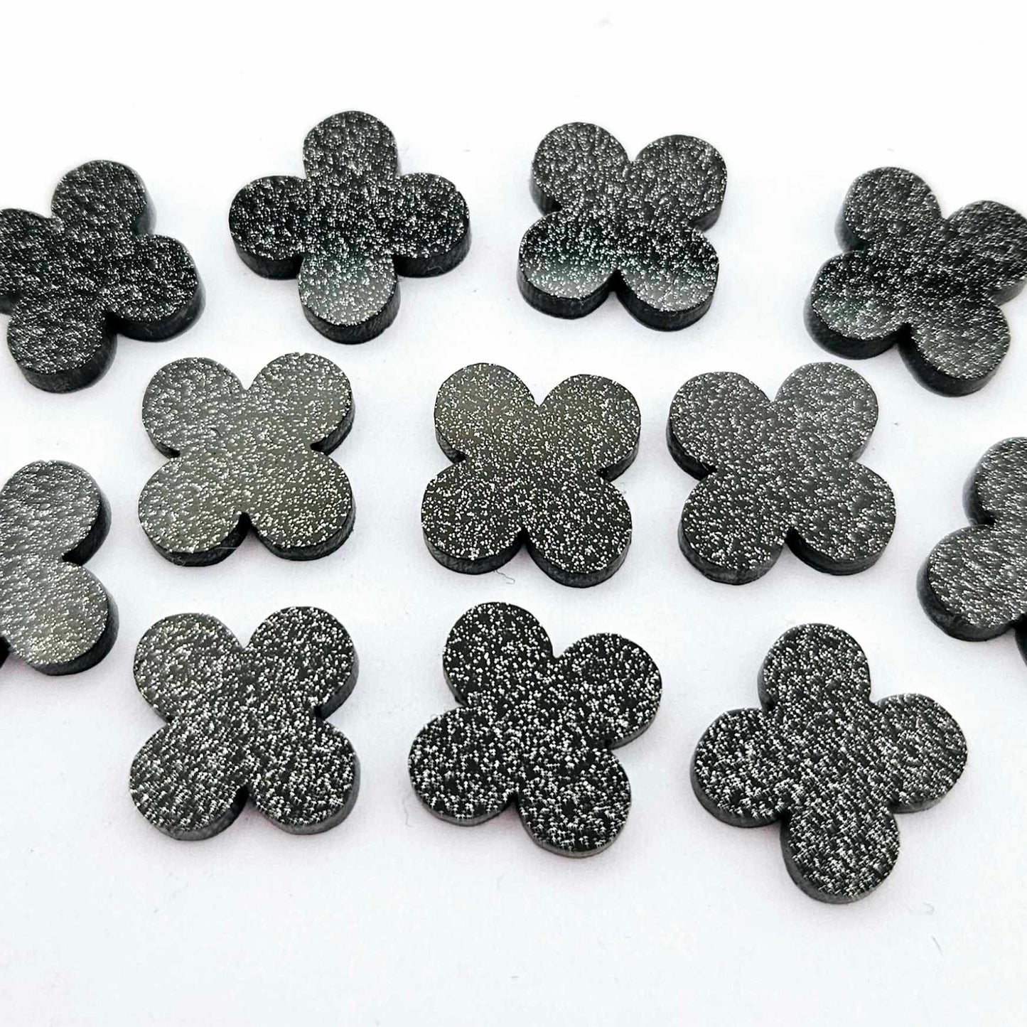 black glitter quatrefoil earring blanks, clover acrylic studs, glitter acrylic earring toppers, acrylic earring supplies, laser cut earring blanks, 15mm acrylic shapes, modern jewellery supplies, on-trend earring blanks, DIY earring parts, small business jewellery making