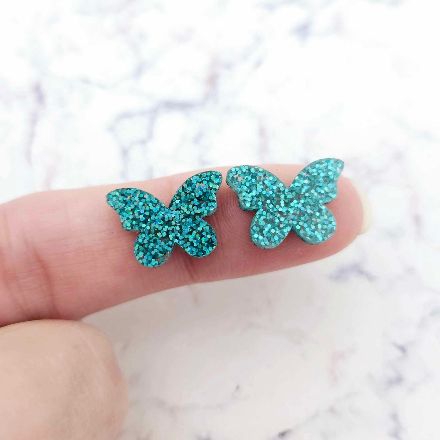 teal turquoise glitter butterfly butterflies DIY earring supplies laser cut acrylic studs blanks findings petite small kids