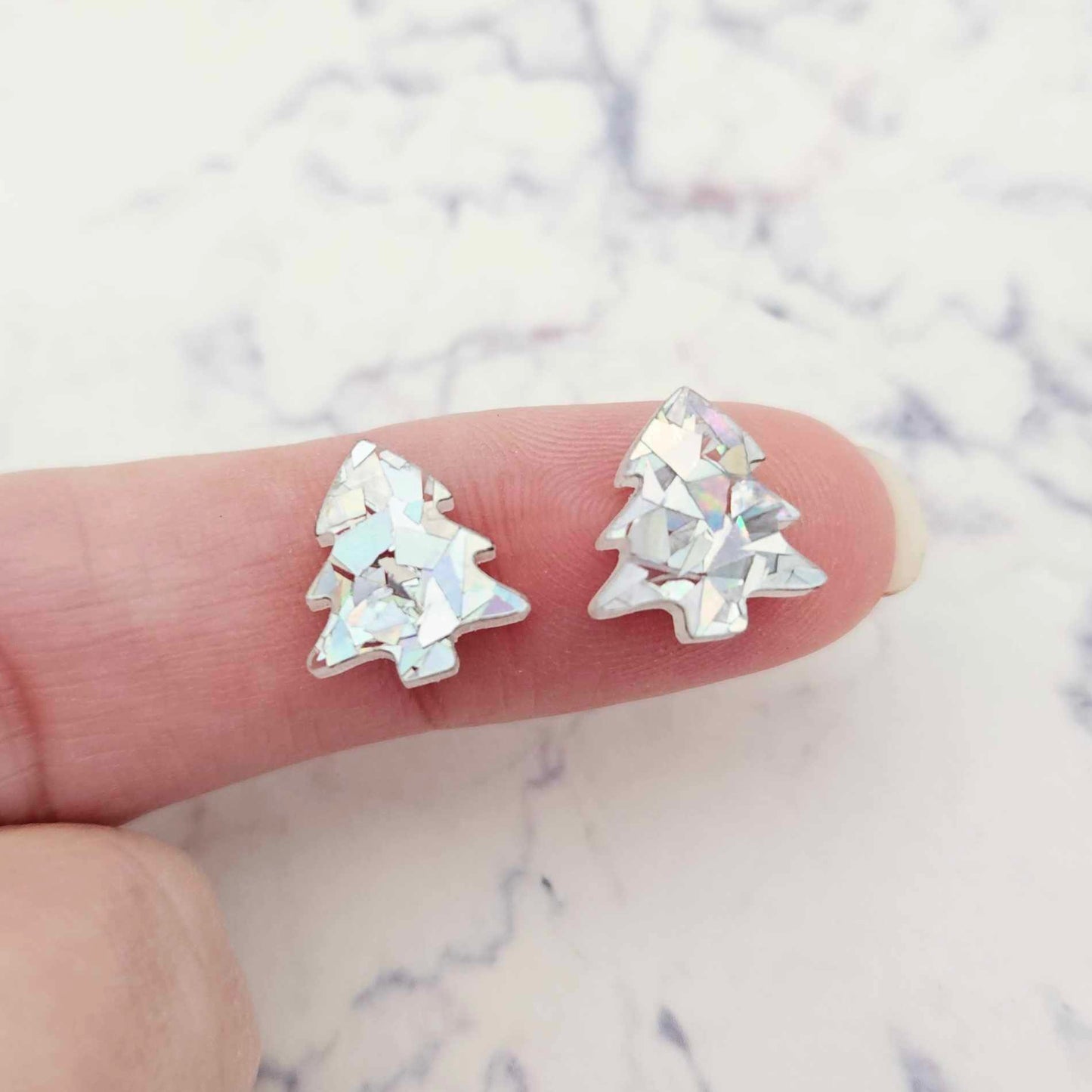 12mm holographic silver glitter Christmas Xmas trees DIY earring supplies laser cut acrylic studs blanks petite small kids
