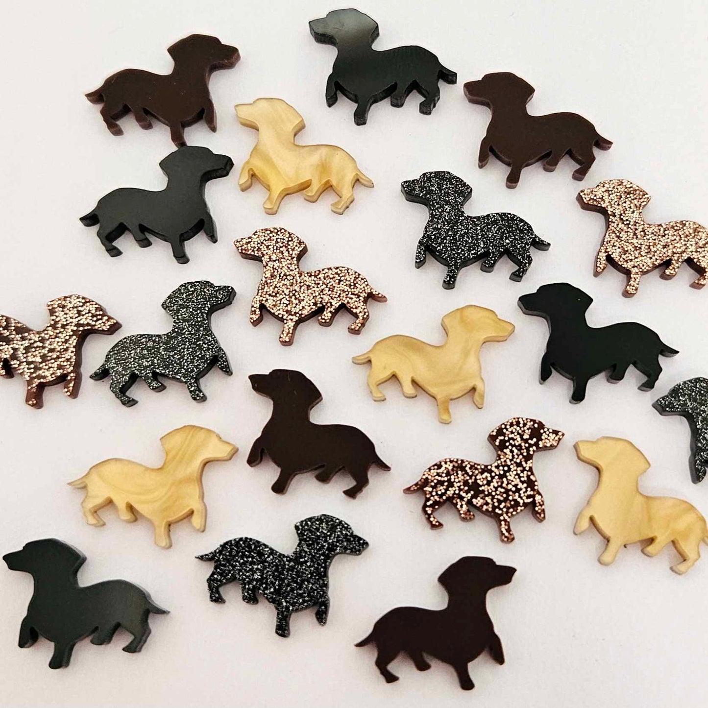 black chocolate brown copper glitter gold marble caramel brown dachshund sausage dog dachies DIY earring supplies laser cut acrylic studs blanks mixed pack