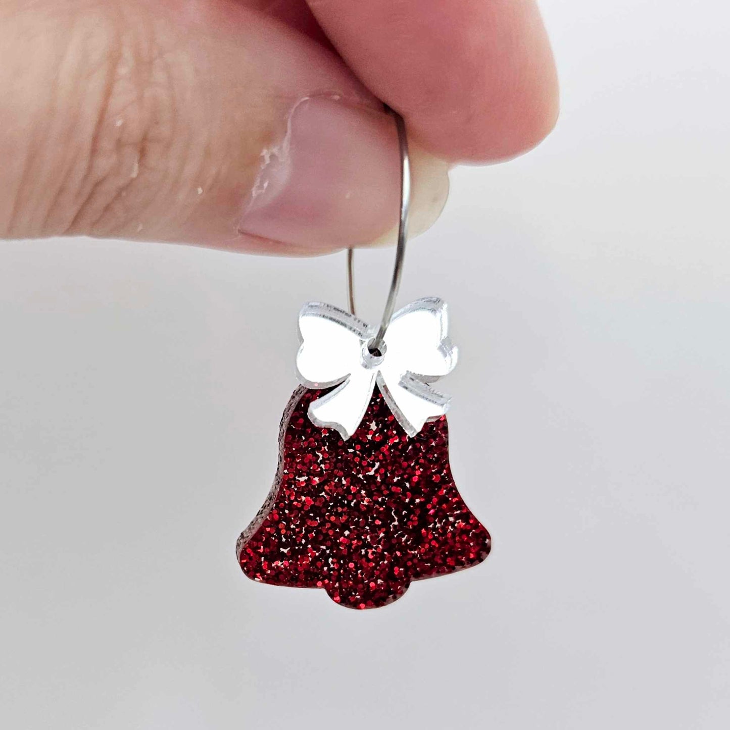 red glitter bells silver gold mirror bows Christmas Xmas DIY earring supplies laser cut acrylic dangles blanks layered hoops