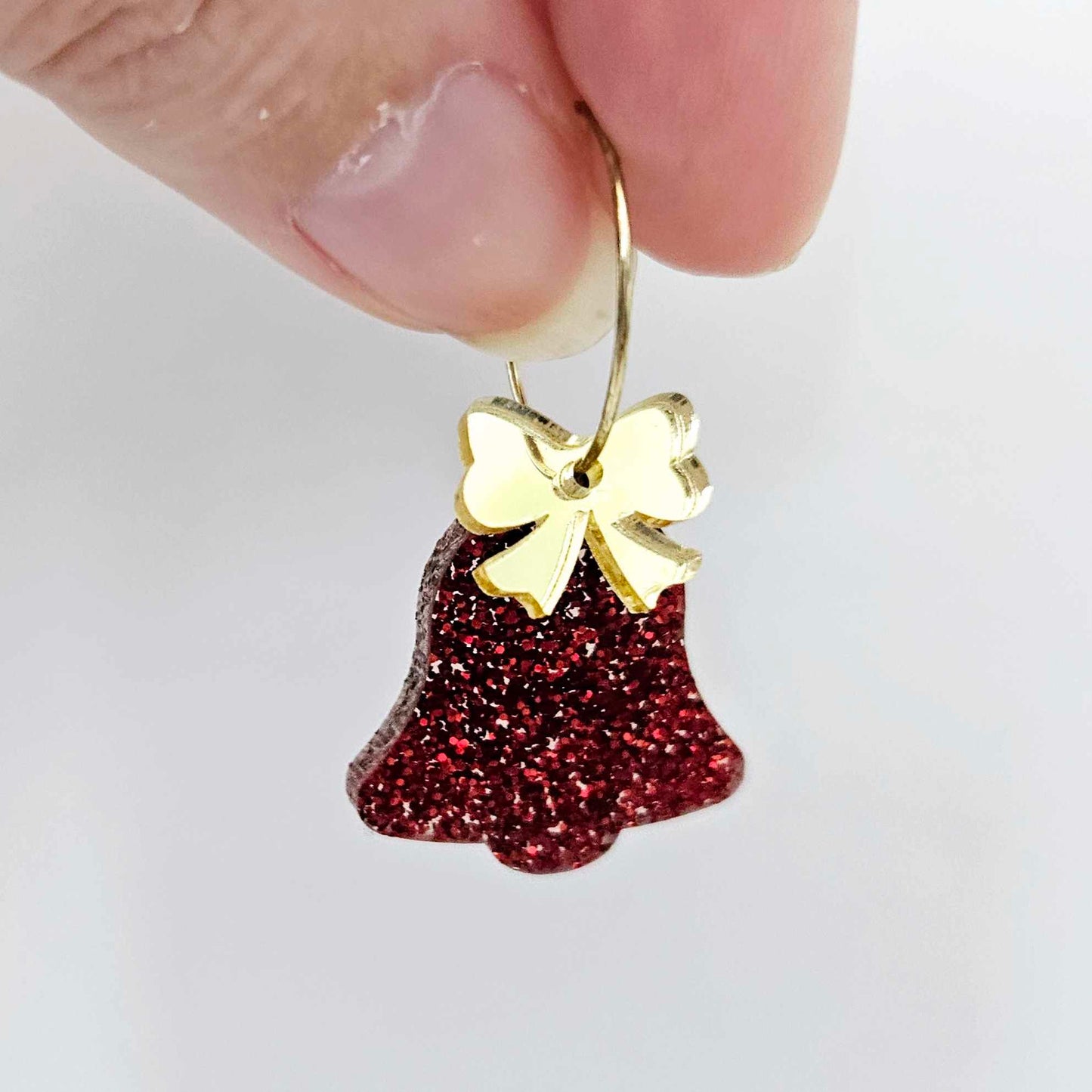 red glitter bells silver gold mirror bows Christmas Xmas DIY earring supplies laser cut acrylic dangles blanks layered hoops