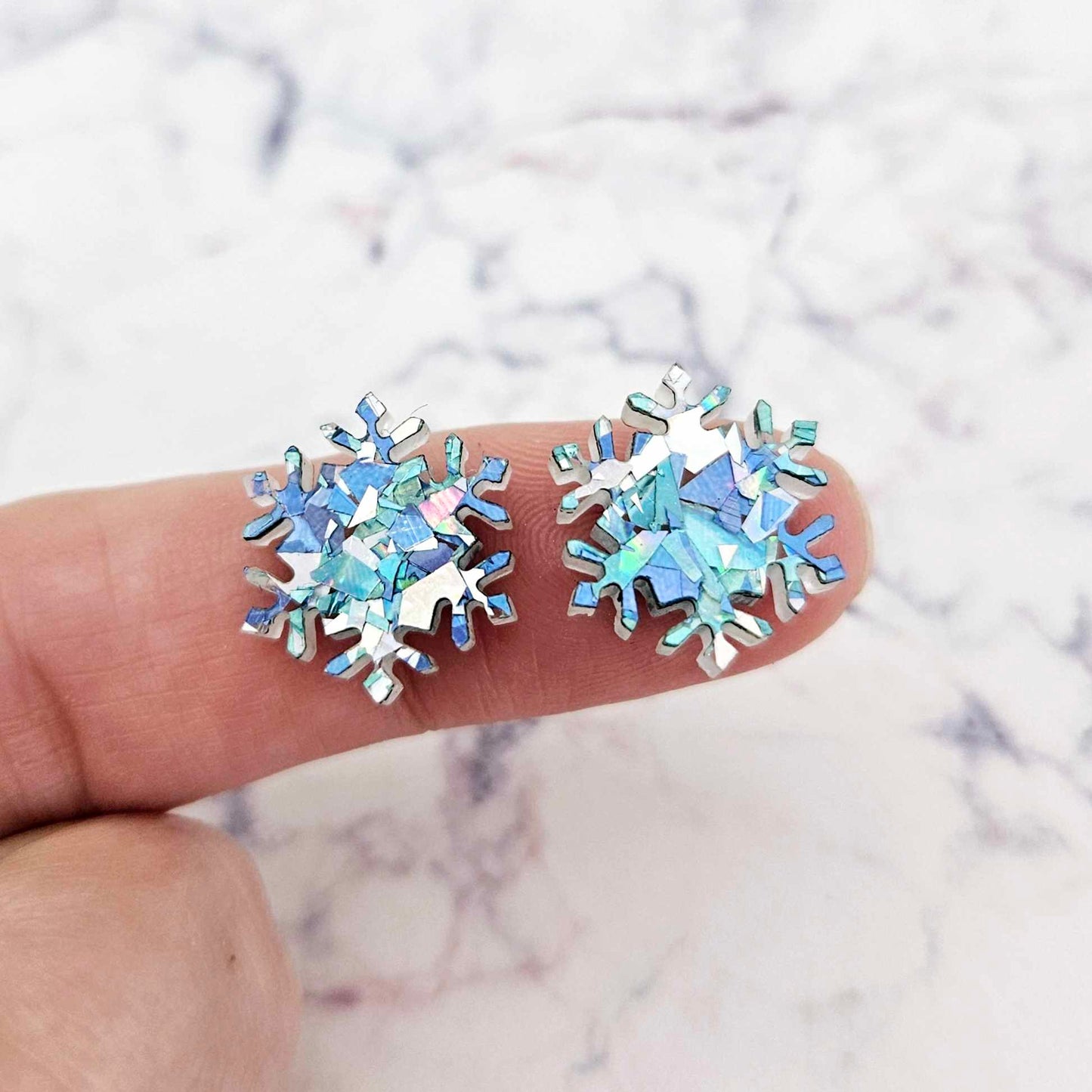 chunky aqua glitter blue silver snowflakes Christmas Xmas DIY earring supplies laser cut acrylic studs blanks findings
