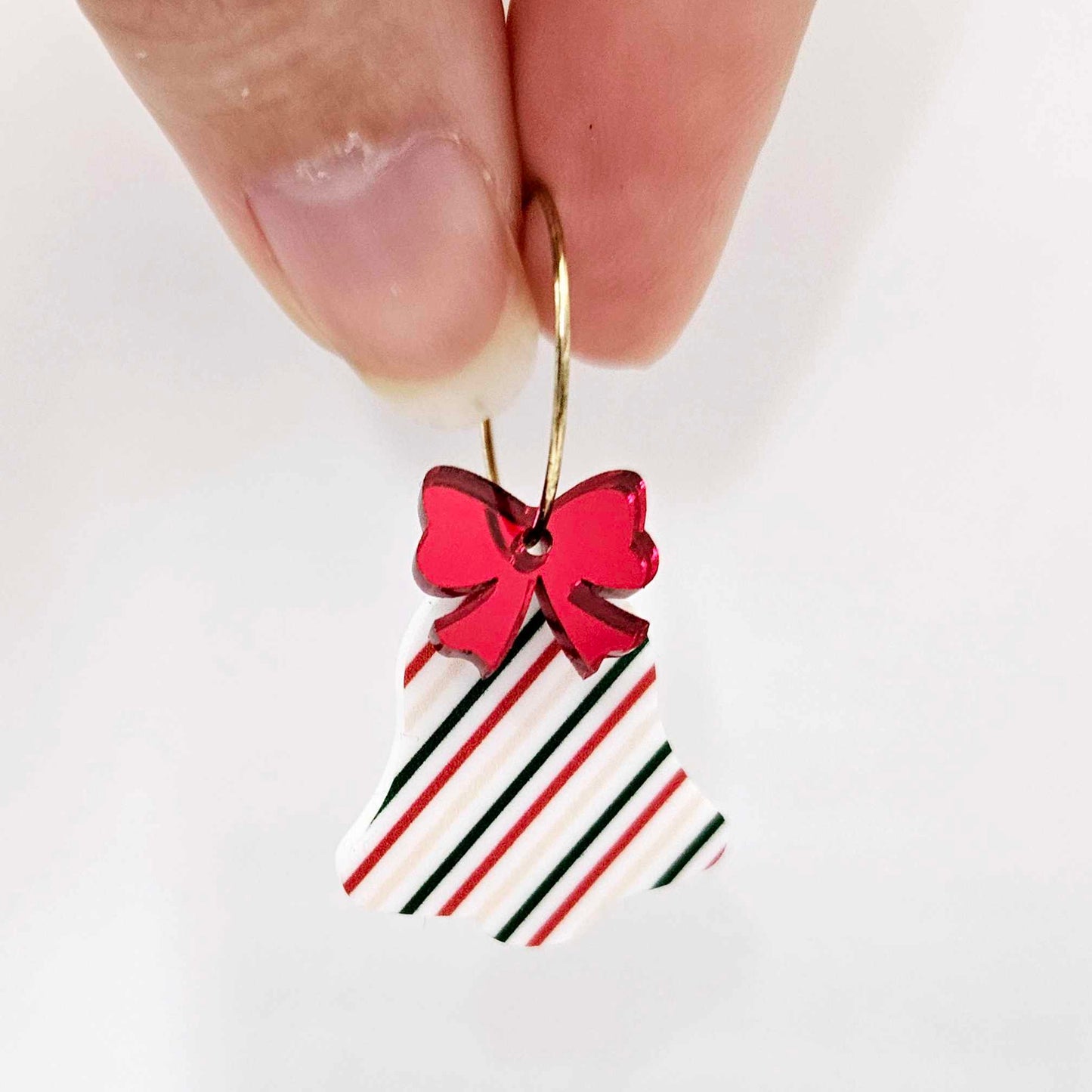 stripy red green gold bells bows Christmas Xmas UV printed DIY earring supplies laser cut acrylic dangles blanks layered hoops