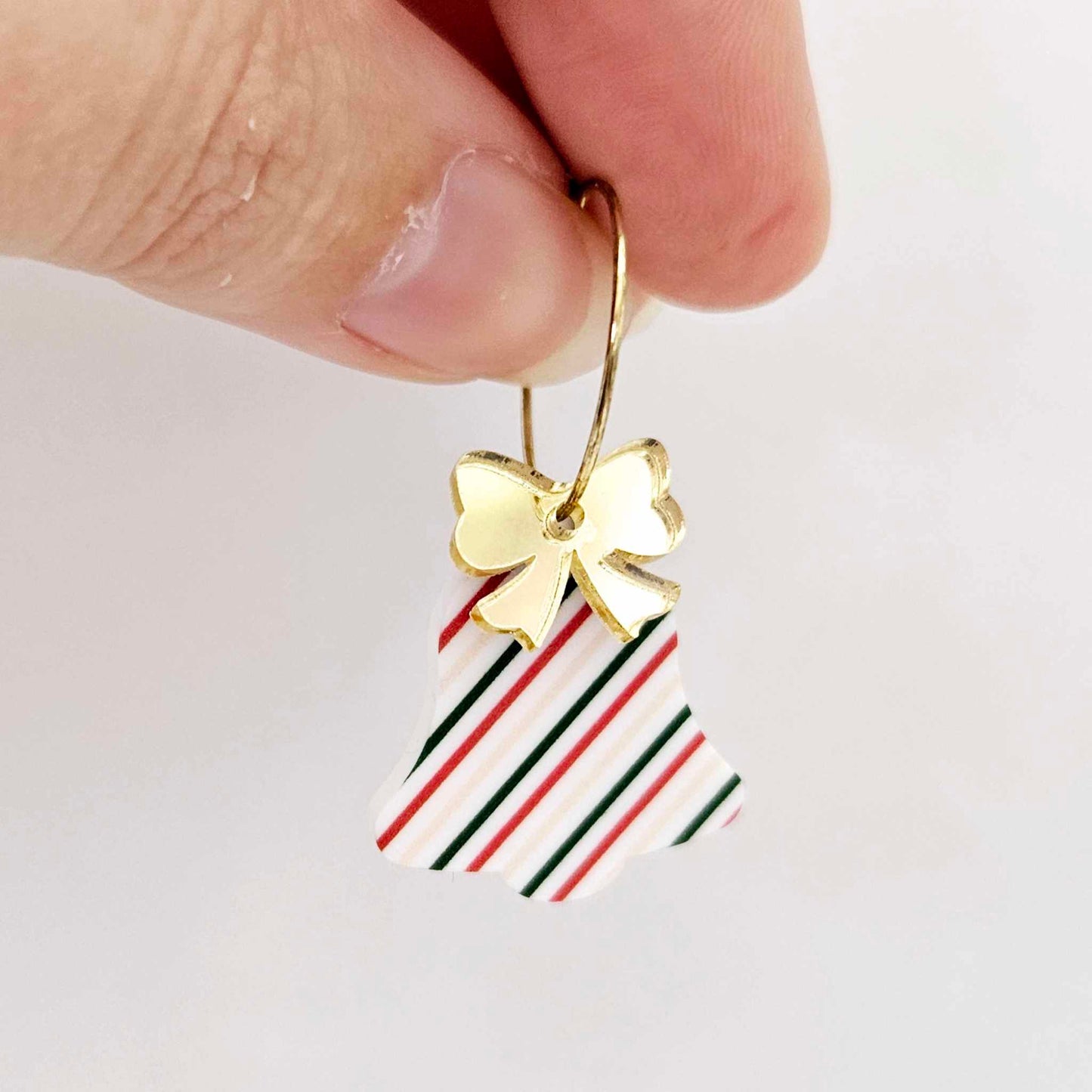 stripy red green gold bells bows Christmas Xmas UV printed DIY earring supplies laser cut acrylic dangles blanks layered hoops