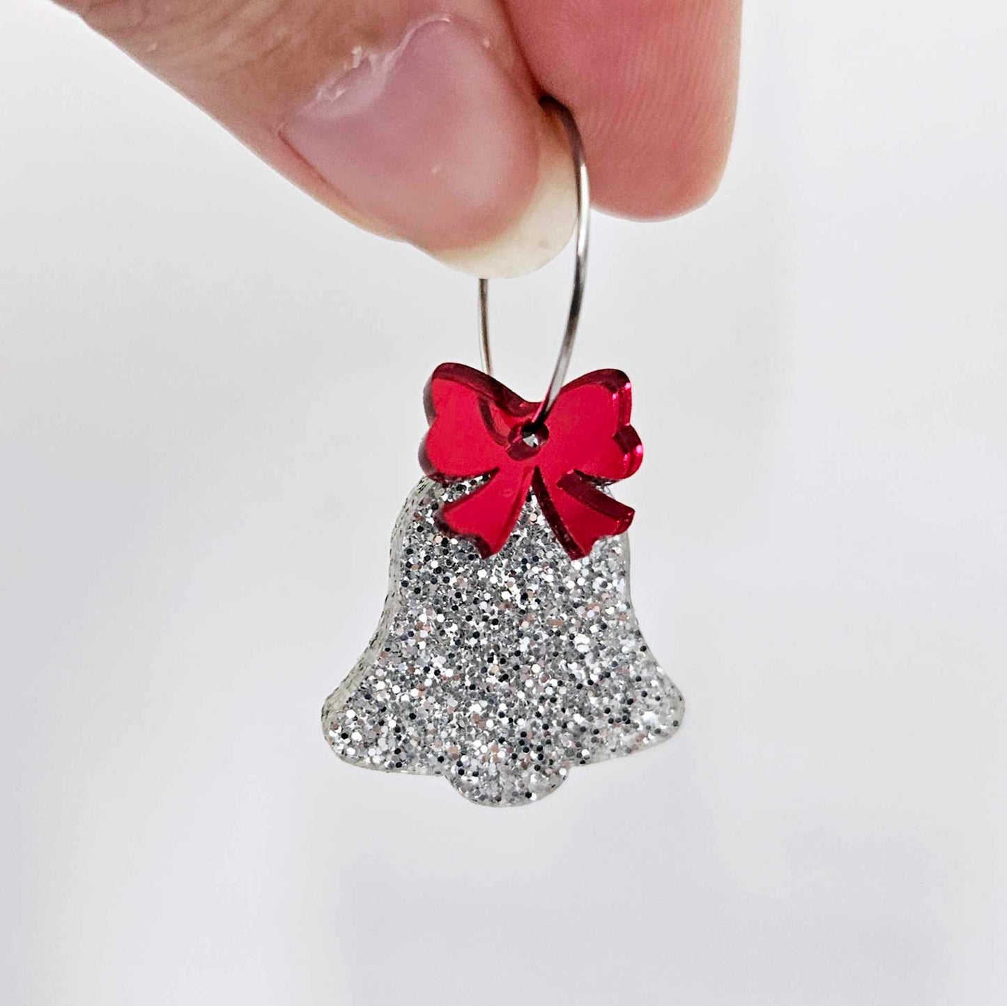 silver glitter bells red pink mirror bows Christmas Xmas DIY earring supplies laser cut acrylic dangles blanks layered hoops