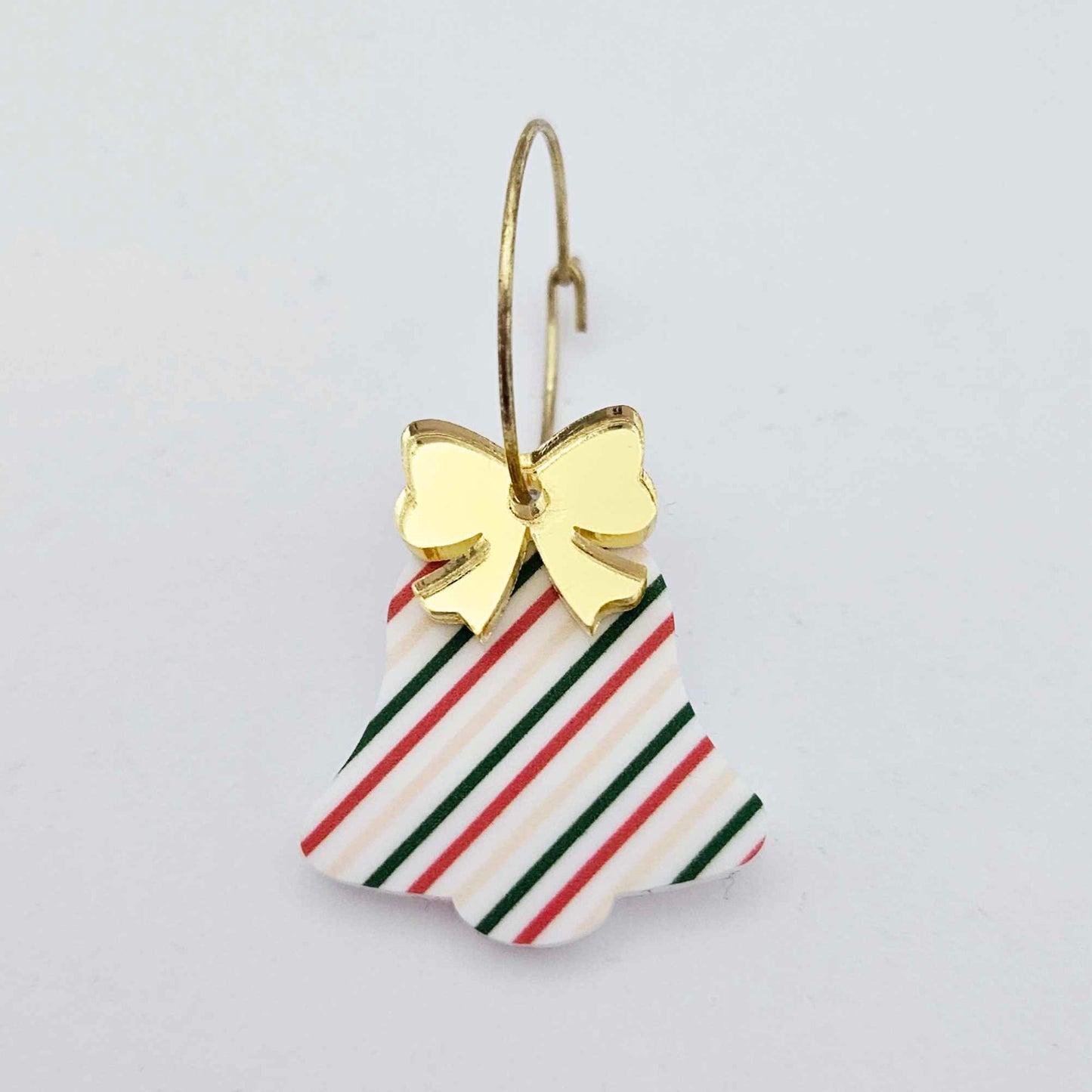 stripy red green gold bells bows Christmas Xmas UV printed DIY earring supplies laser cut acrylic dangles blanks layered hoops