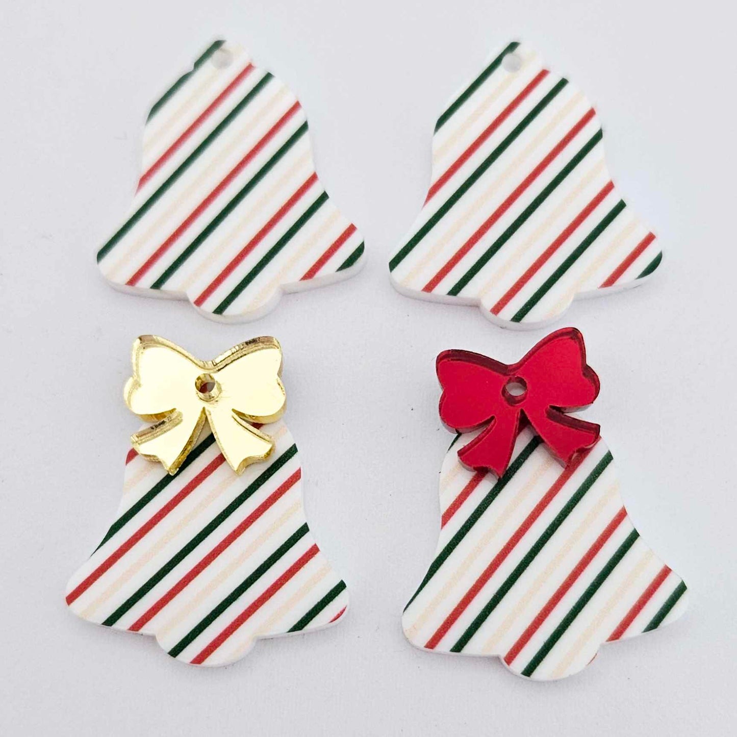 stripy red green gold bells bows Christmas Xmas UV printed DIY earring supplies laser cut acrylic dangles blanks layered hoops