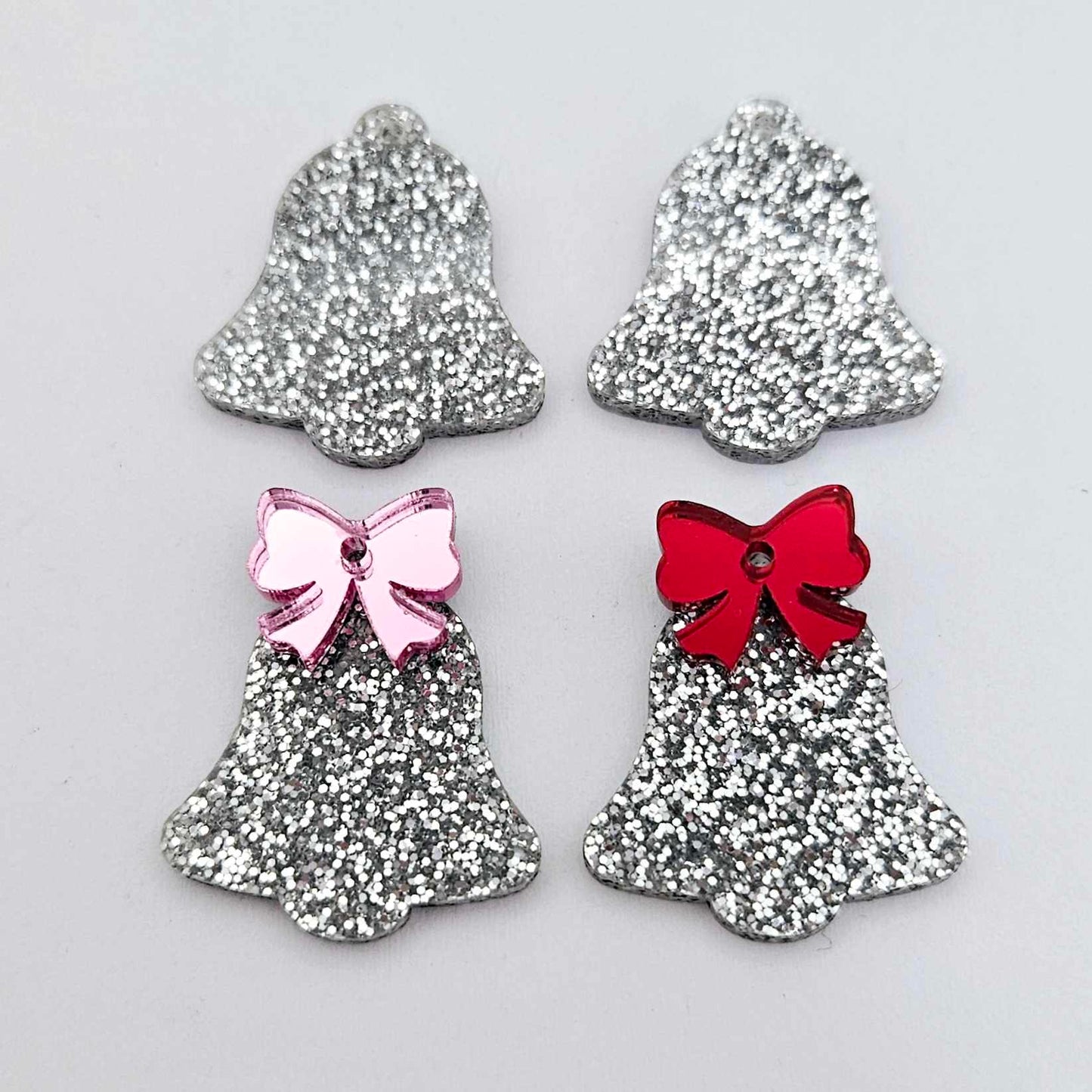silver glitter bells red pink mirror bows Christmas Xmas DIY earring supplies laser cut acrylic dangles blanks layered hoops