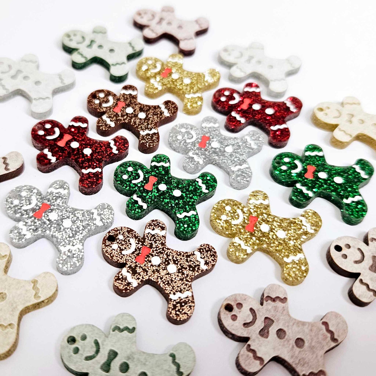 copper bronze brown gold red green silver glitter gingerbread men Christmas Xmas DIY earring supplies laser cut acrylic mini small petite dangles blanks engraved paint fill kids mixed pack