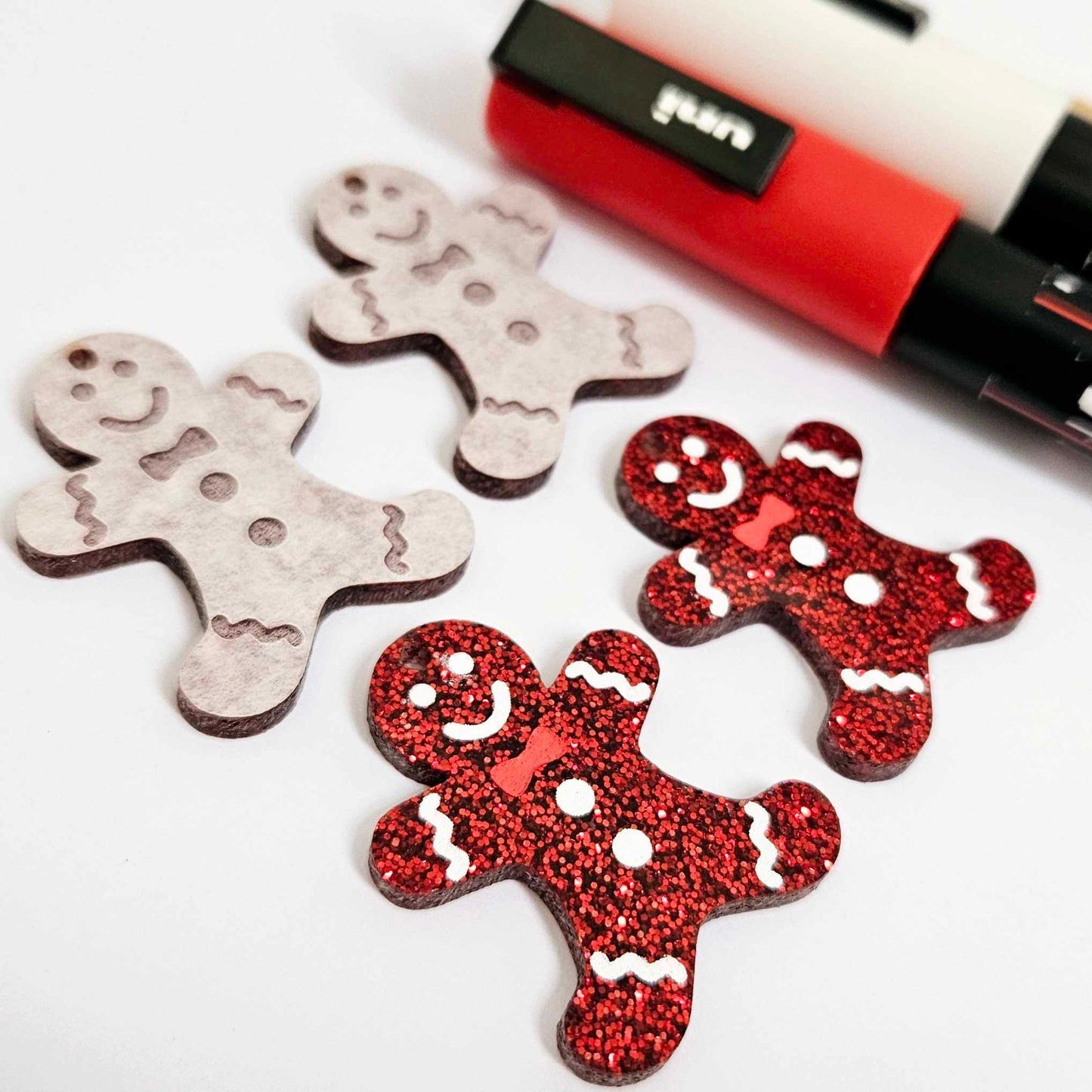 red glitter gingerbread men Christmas Xmas DIY earring supplies laser cut acrylic dangles blanks engraved paint fill