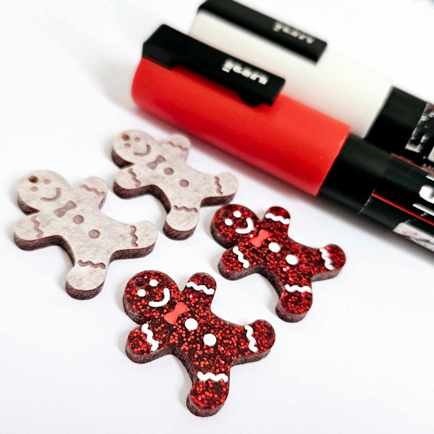 red glitter gingerbread men Christmas Xmas DIY earring supplies laser cut acrylic mini small petite dangles blanks engraved paint fill kids