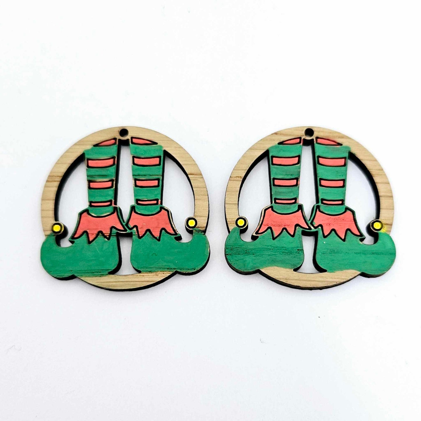 oak wood veneer elf legs hoops Christmas Xmas DIY earring supplies laser cut acrylic paint fill engraved