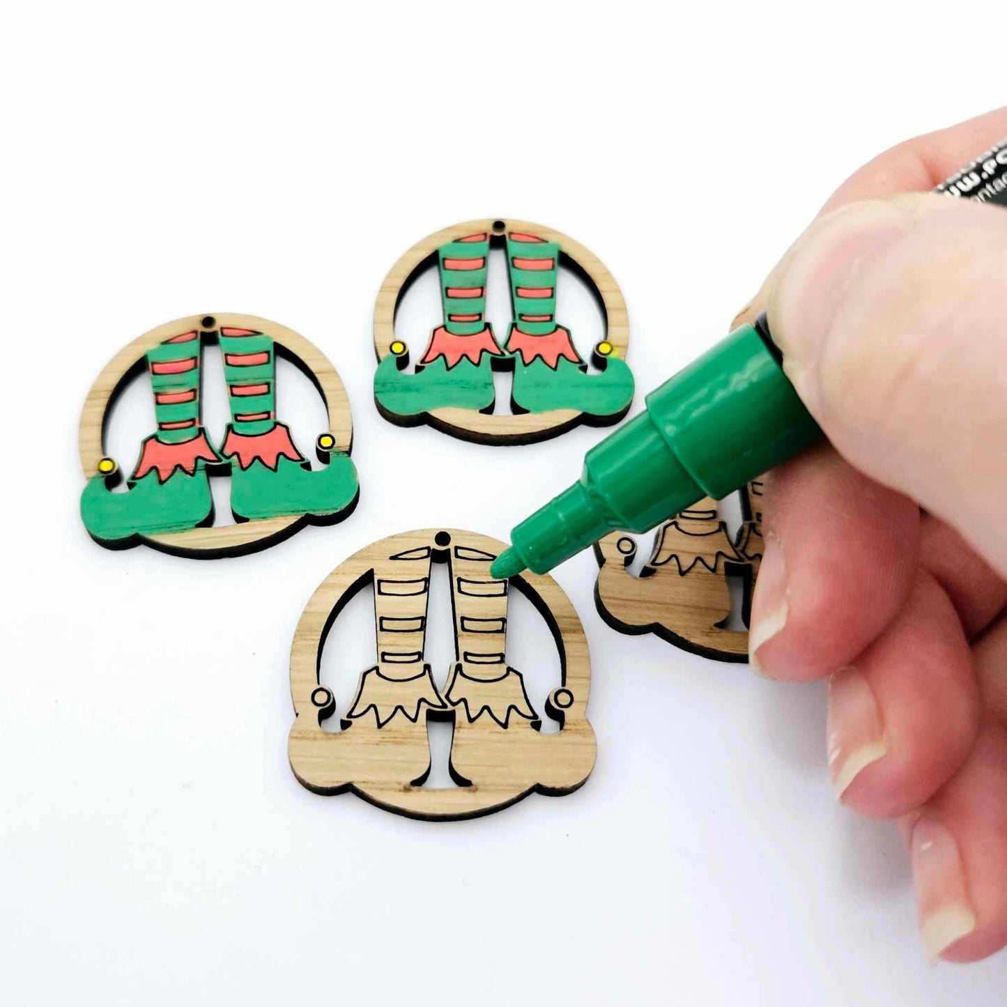 oak wood veneer elf legs hoops Christmas Xmas DIY earring supplies laser cut acrylic paint fill engraved