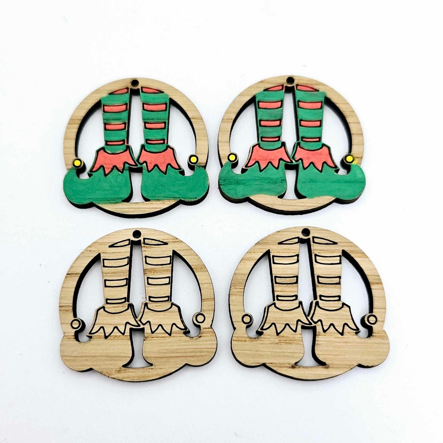 oak wood veneer elf legs hoops Christmas Xmas DIY earring supplies laser cut acrylic paint fill engraved
