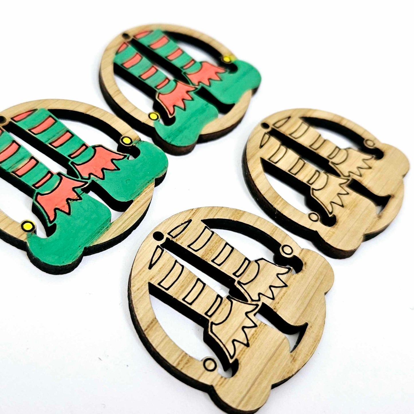 oak wood veneer elf legs hoops Christmas Xmas DIY earring supplies laser cut acrylic paint fill engraved