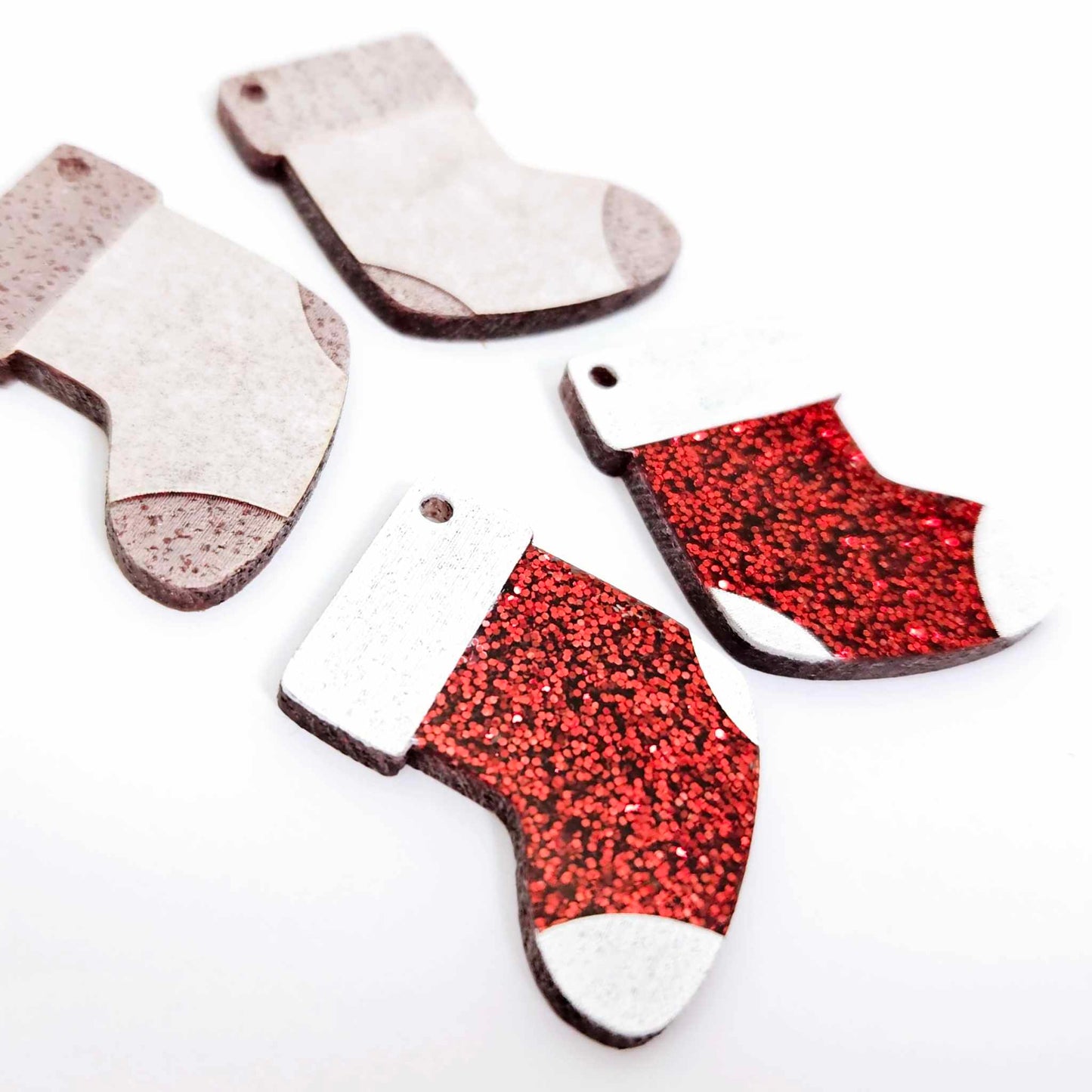 red glitter stockings Christmas DIY earring supplies laser cut acrylic dangles blanks engraved paint fill craft