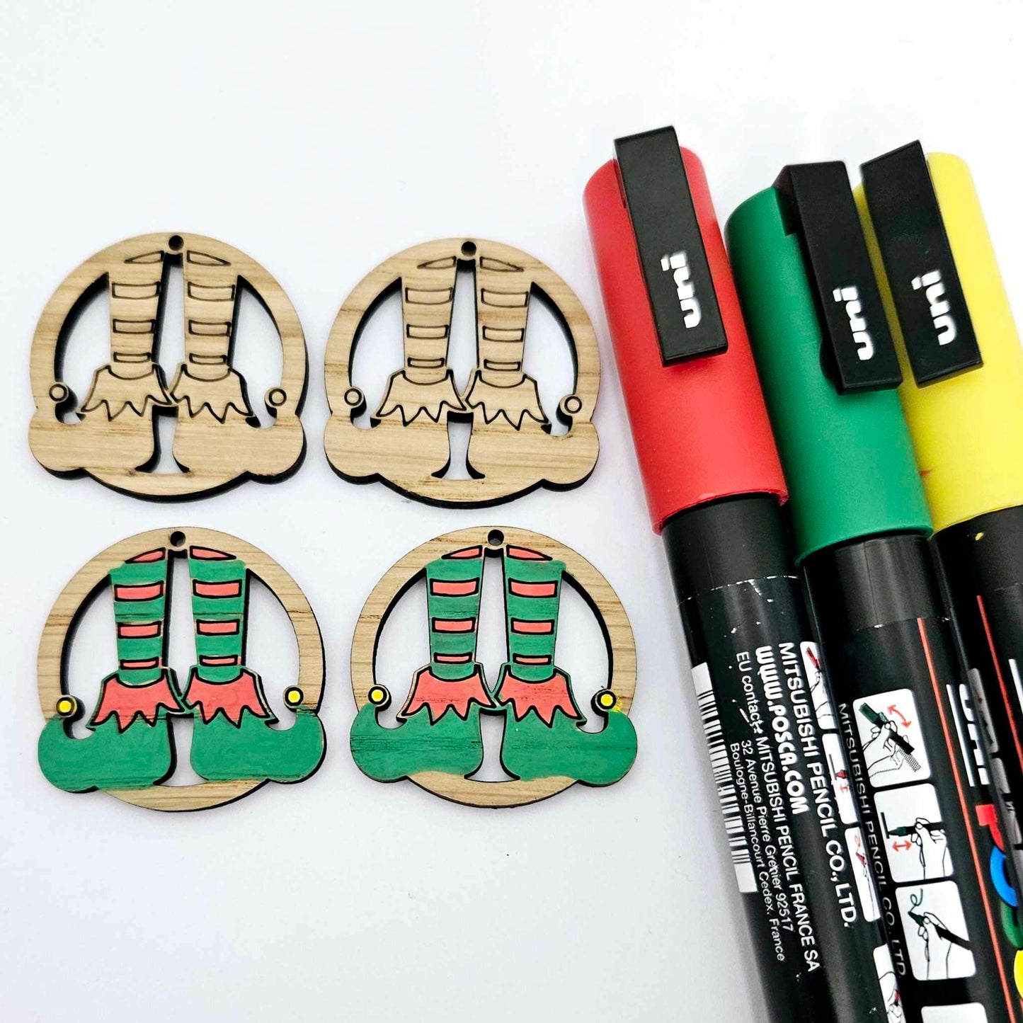 oak wood veneer elf legs hoops Christmas Xmas DIY earring supplies laser cut acrylic paint fill engraved