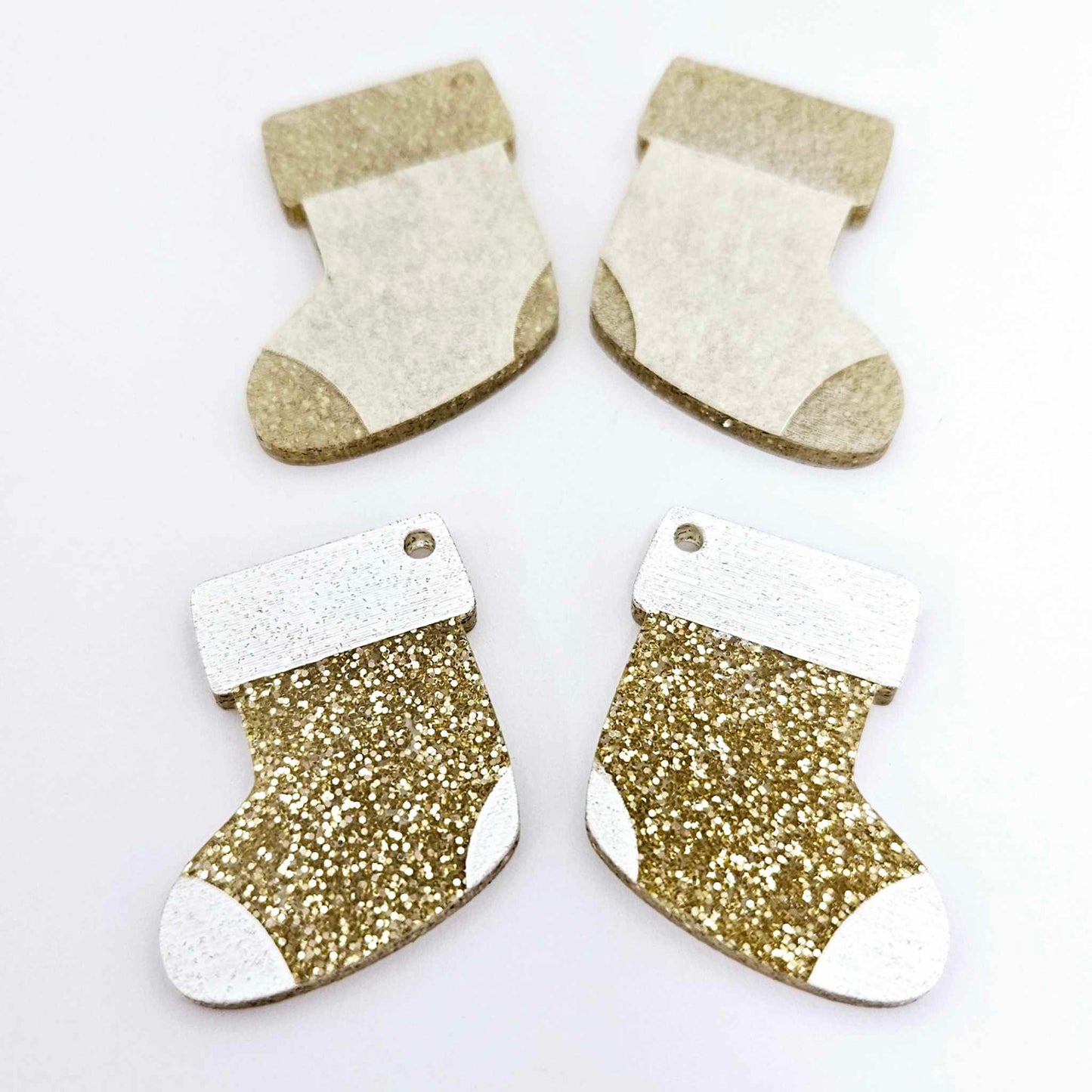 gold glitter stockings Christmas DIY earring supplies laser cut acrylic dangles blanks engraved paint fill craft