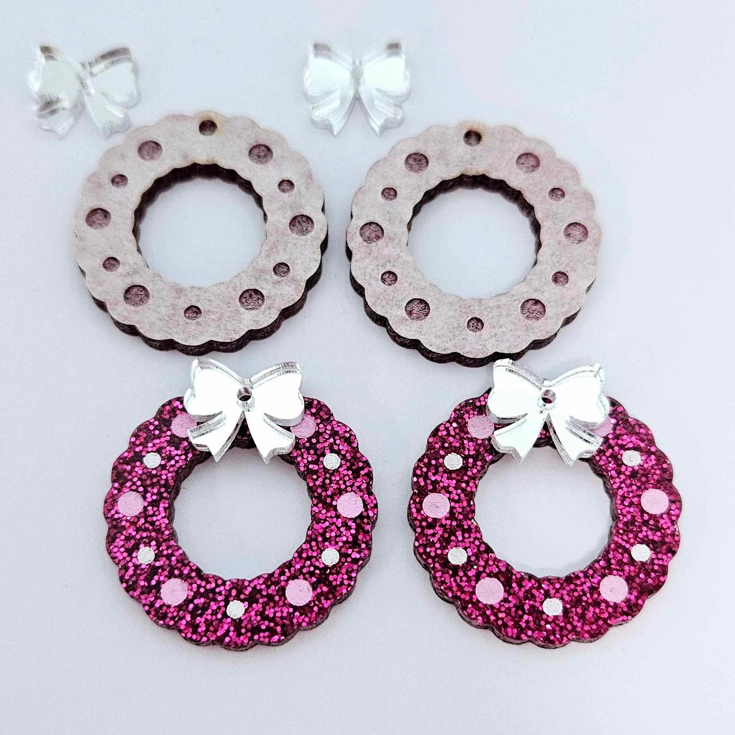hot pink glitter wreath Christmas Xmas bows DIY earring supplies laser cut acrylic dangles blanks engraved paint filled baubles layered hoops