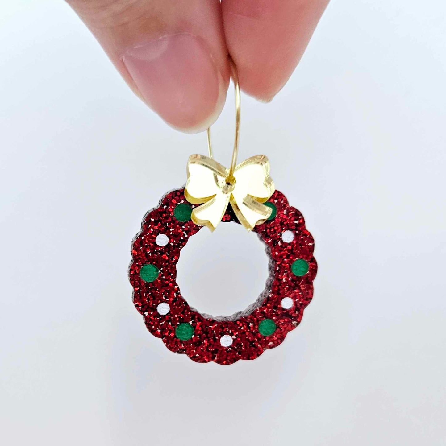 red glitter wreath Christmas Xmas bows DIY earring supplies laser cut acrylic dangles blanks engraved paint filled baubles layered hoops