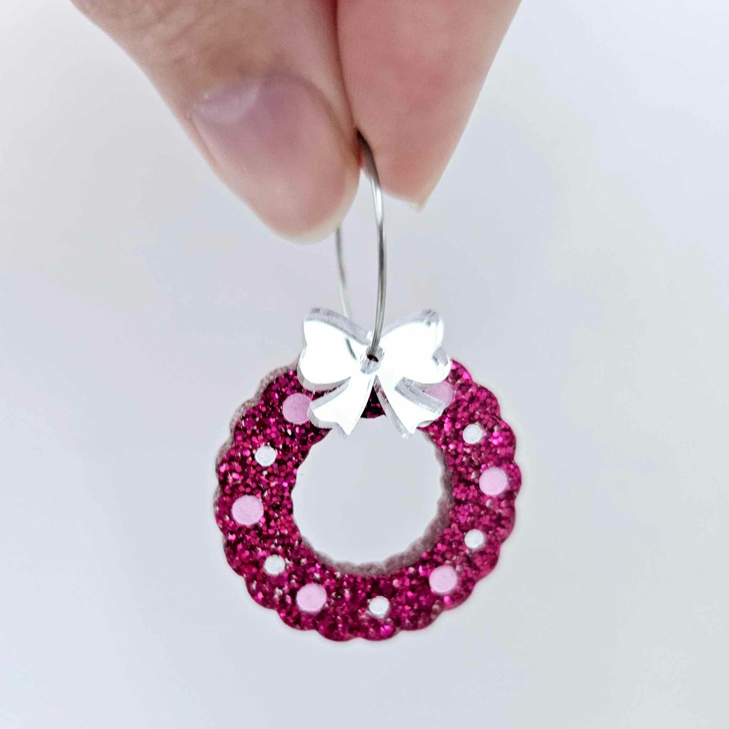 hot pink glitter wreath Christmas Xmas bows DIY earring supplies laser cut acrylic dangles blanks engraved paint filled baubles layered hoops