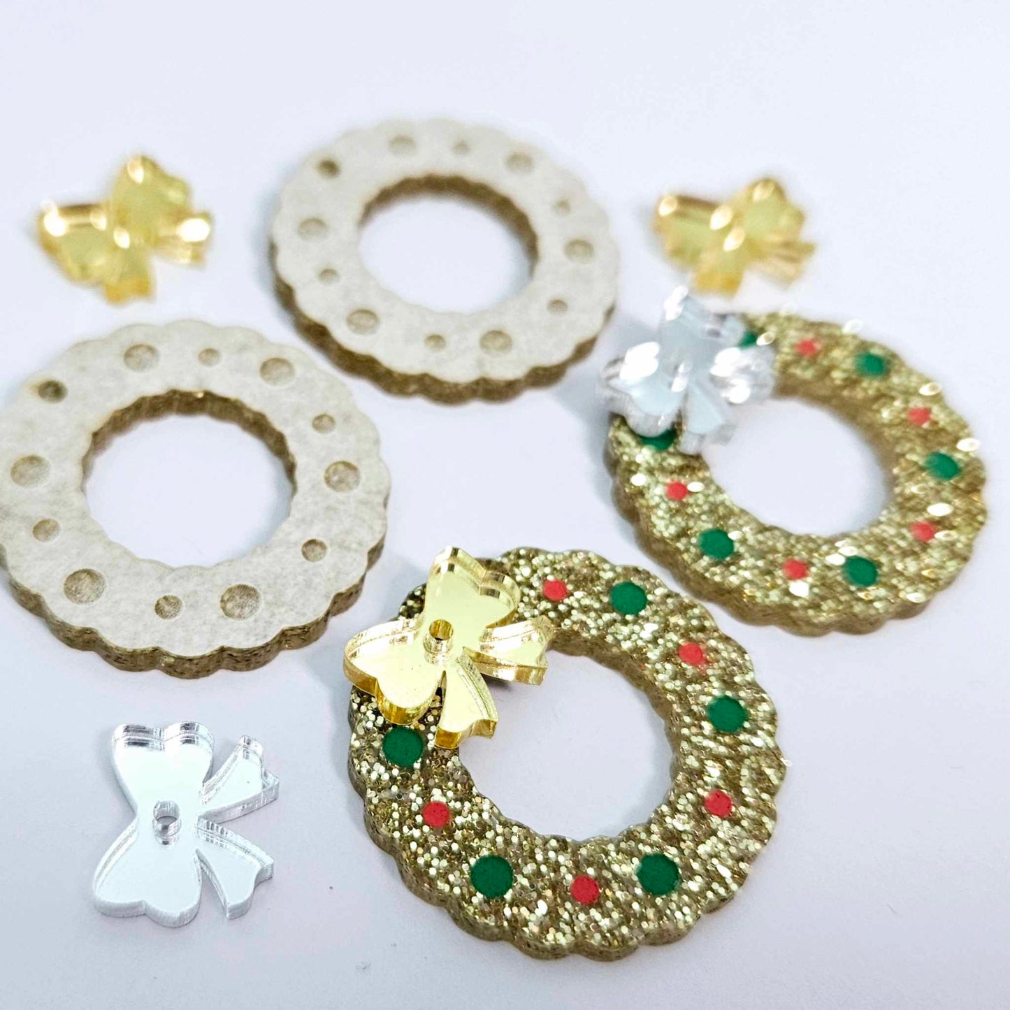 gold glitter wreath Christmas Xmas bows DIY earring supplies laser cut acrylic dangles blanks engraved paint filled baubles layered hoops