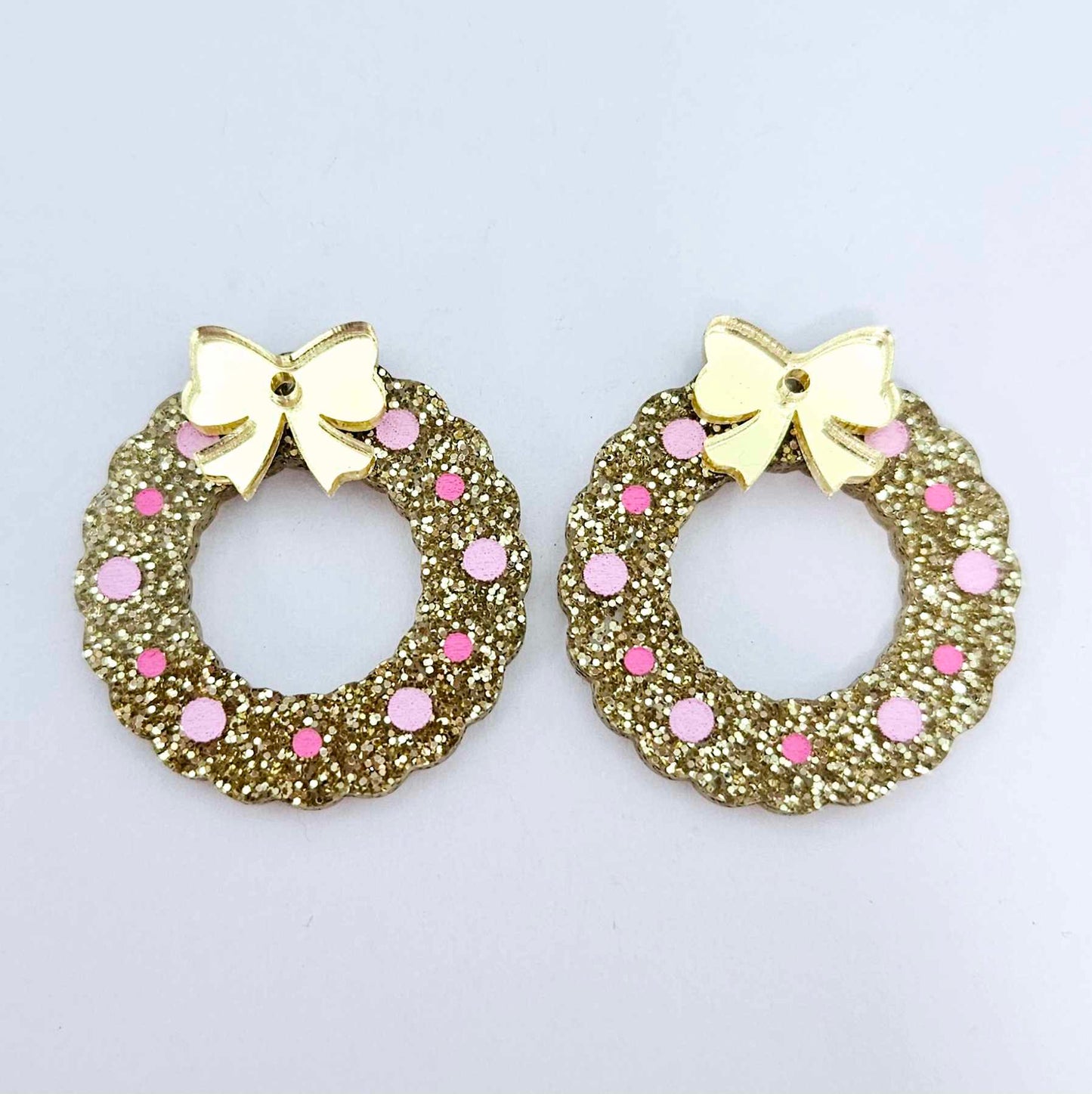 gold glitter wreath Christmas Xmas bows DIY earring supplies laser cut acrylic dangles blanks engraved paint filled baubles layered hoops