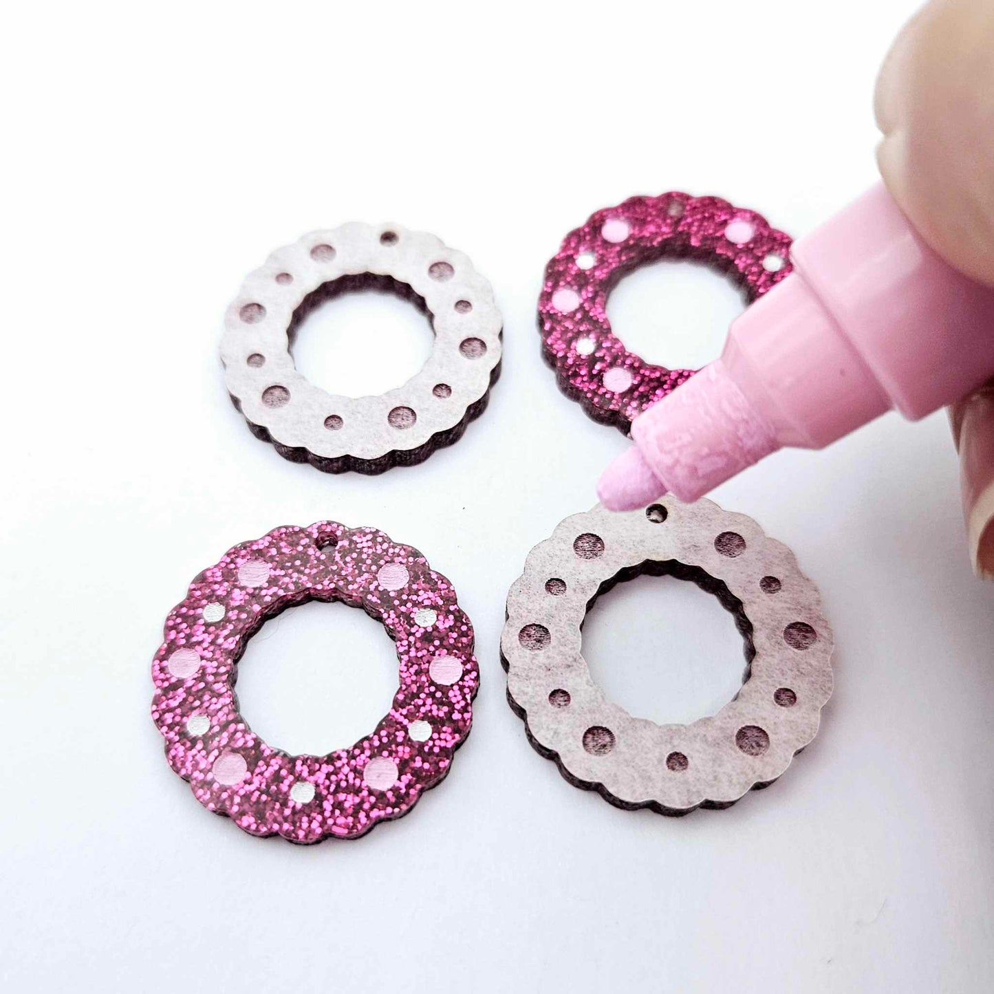 hot pink glitter wreath Christmas Xmas bows DIY earring supplies laser cut acrylic dangles blanks engraved paint filled baubles layered hoops