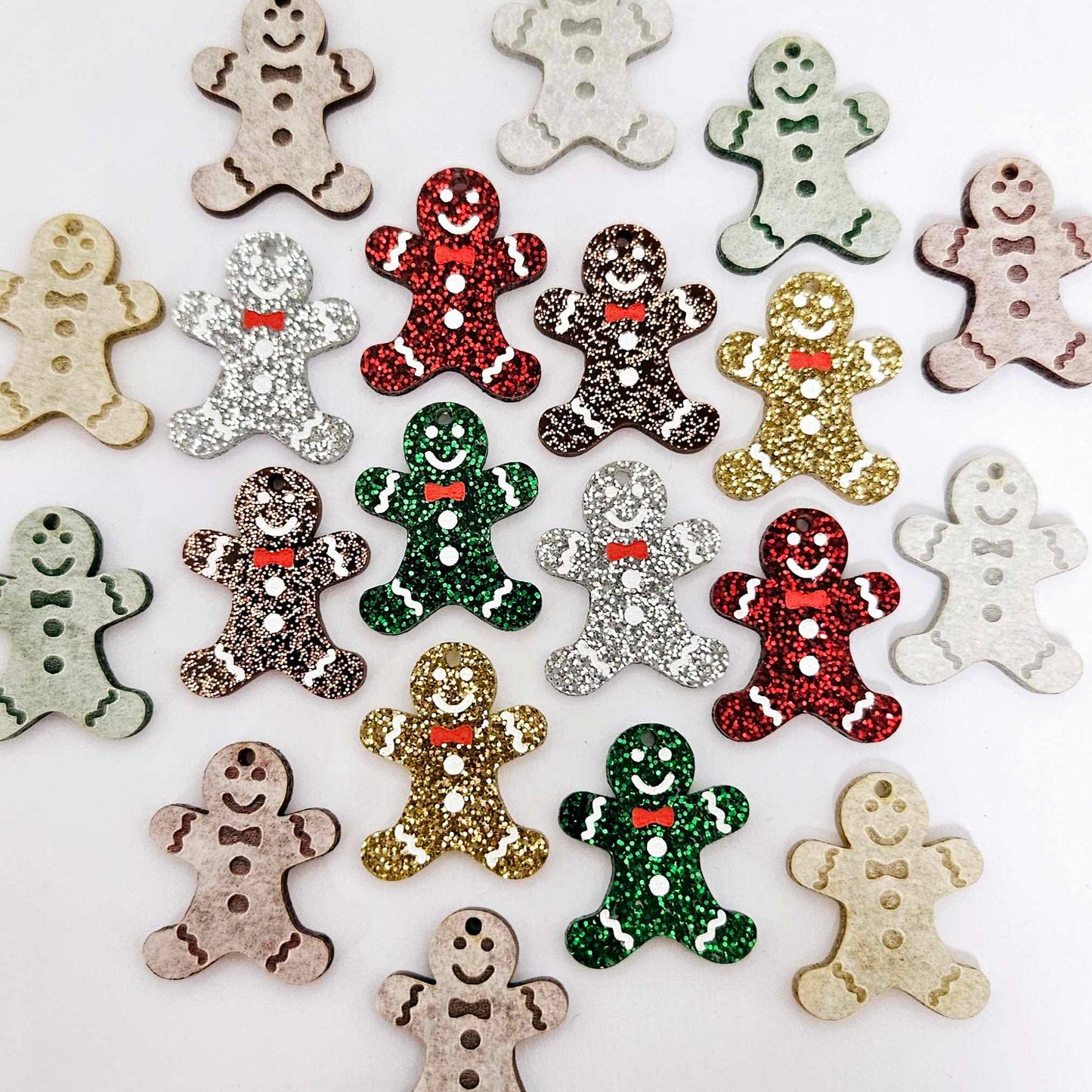 copper bronze brown gold red green silver glitter gingerbread men Christmas Xmas DIY earring supplies laser cut acrylic mini small petite dangles blanks engraved paint fill kids mixed pack