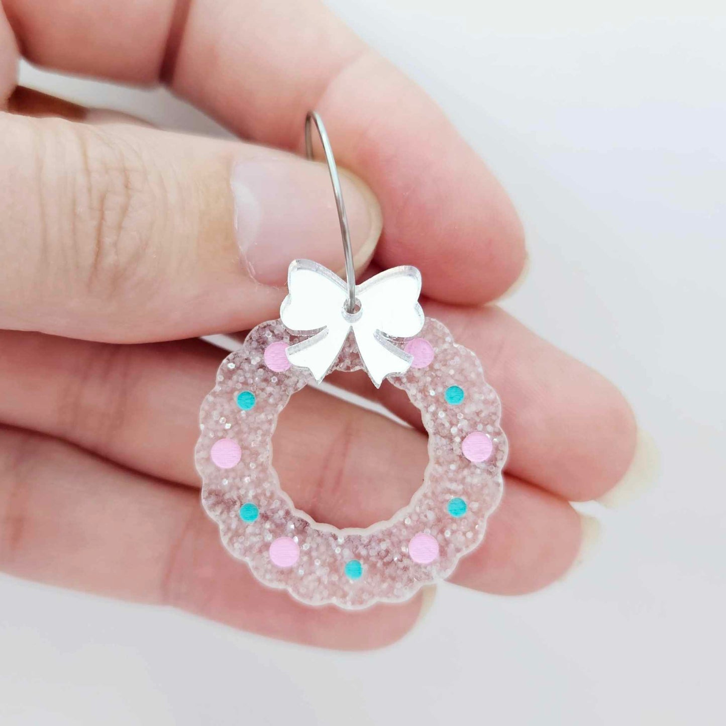 fairy dust clear silver glitter wreath Christmas Xmas bows DIY earring supplies laser cut acrylic dangles blanks engraved paint filled baubles layered hoops