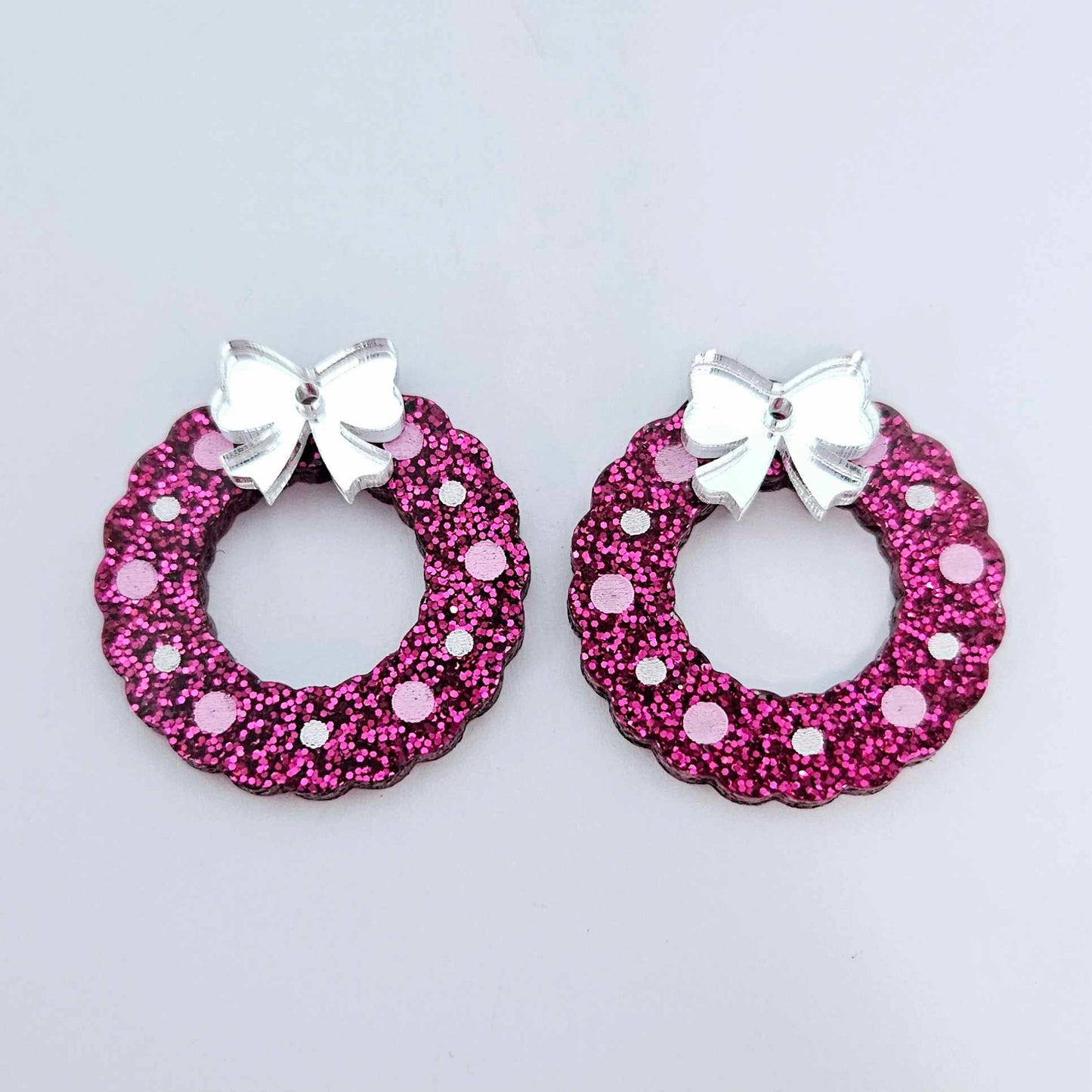 hot pink glitter wreath Christmas Xmas bows DIY earring supplies laser cut acrylic dangles blanks engraved paint filled baubles layered hoops